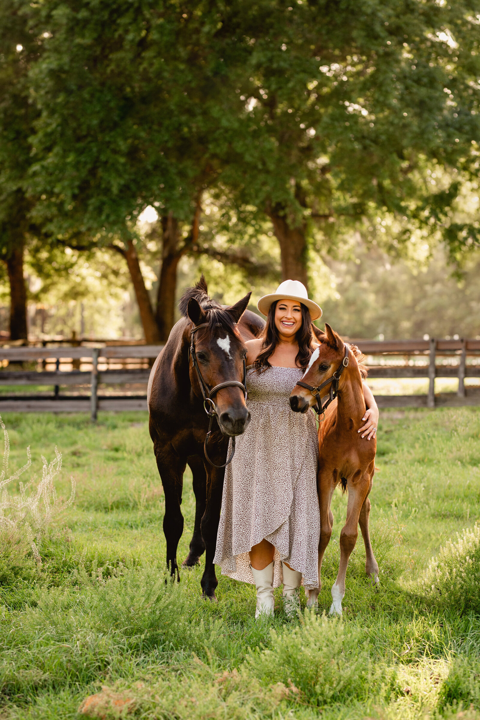 Cute photo of woman with her mare and foal at sunset near Ocala, Florida. Professional equine horse and rider photographer near Ocala.