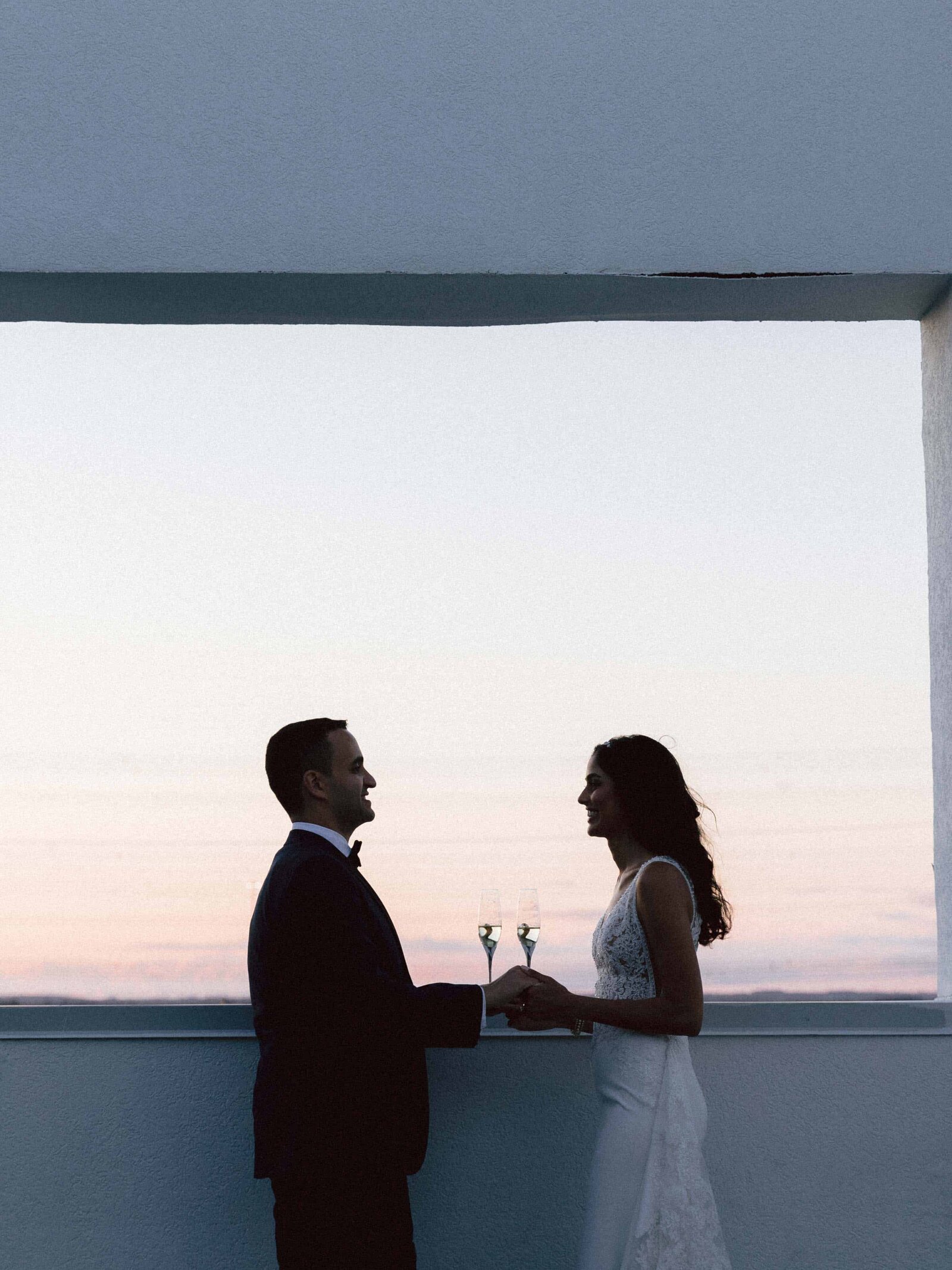 bride and groom portrait during sunset