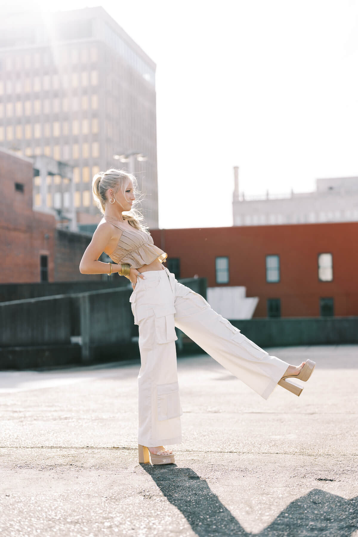 Rooftop Senior photos featuring street wear in downtown ft. worth