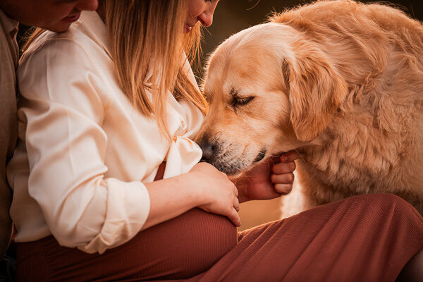 Een aanstaande moeder en haar partner poseren liefdevol met hun hond tijdens een zwangerschapsshoot, een intiem moment vol warmte en verwachting
