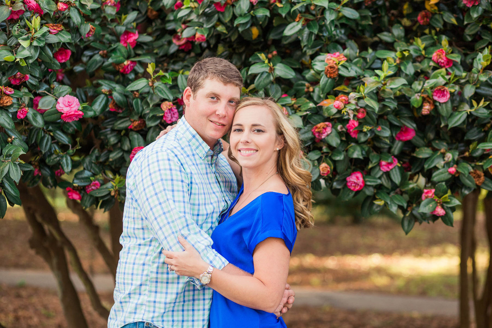 Engaged couple poses in front of tree with red flowers, Hampton Park, Charleston, South Carolina
