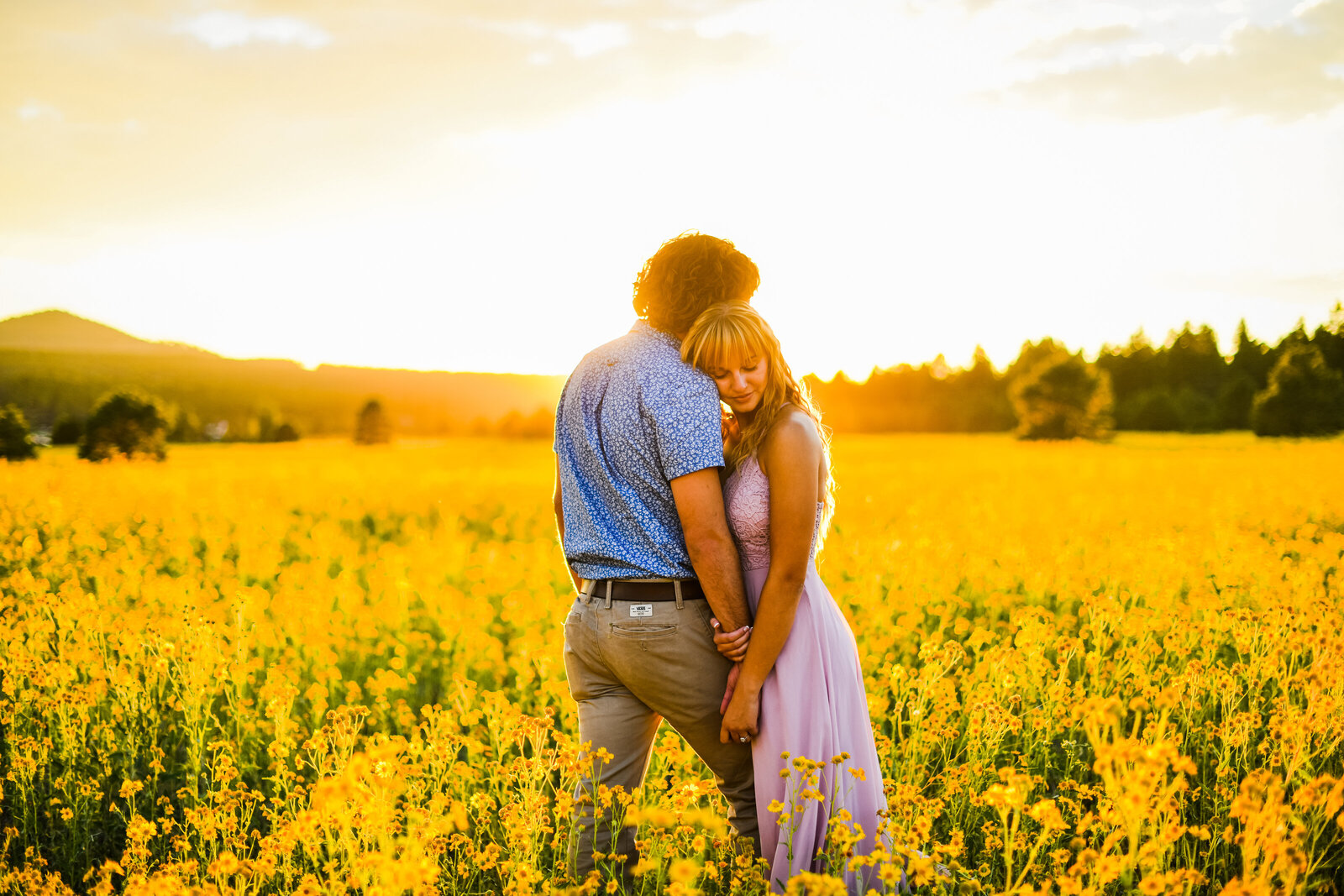 Flagstaff engaged couple in wildflowers sunflowers sunset