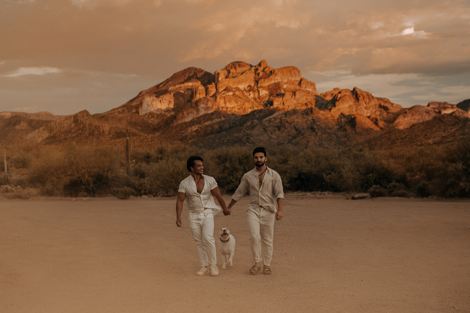 clean and minimal gay desert wedding with cute dog