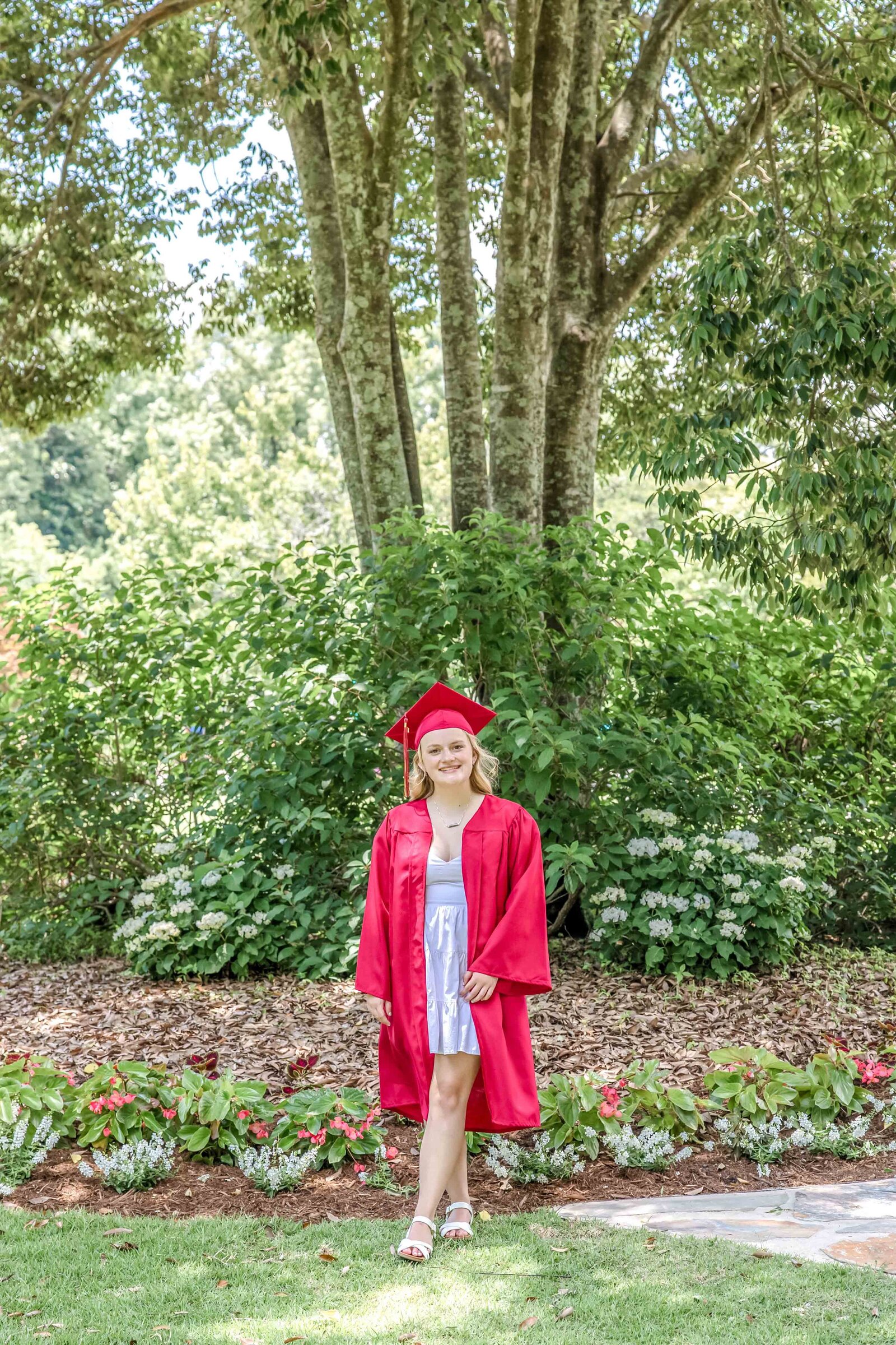 A Ashely High School senior in a red graduation gown standing in a lush garden setting in North Carolina. This elegant photo captures the joy of graduation, perfect for those looking for beautiful outdoor senior photography.