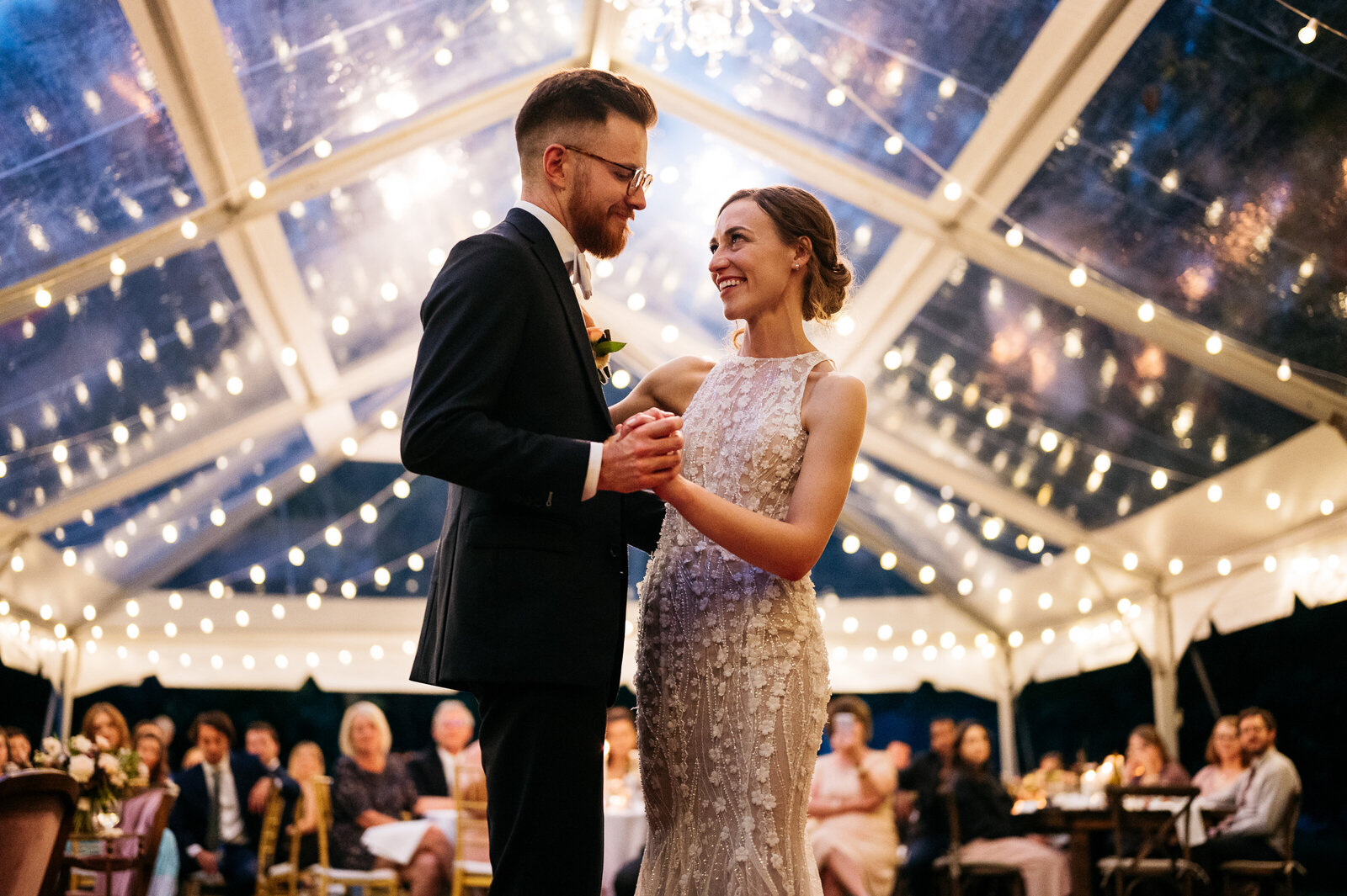 first-dance-clear-top-tent-lights-elegant-wedding