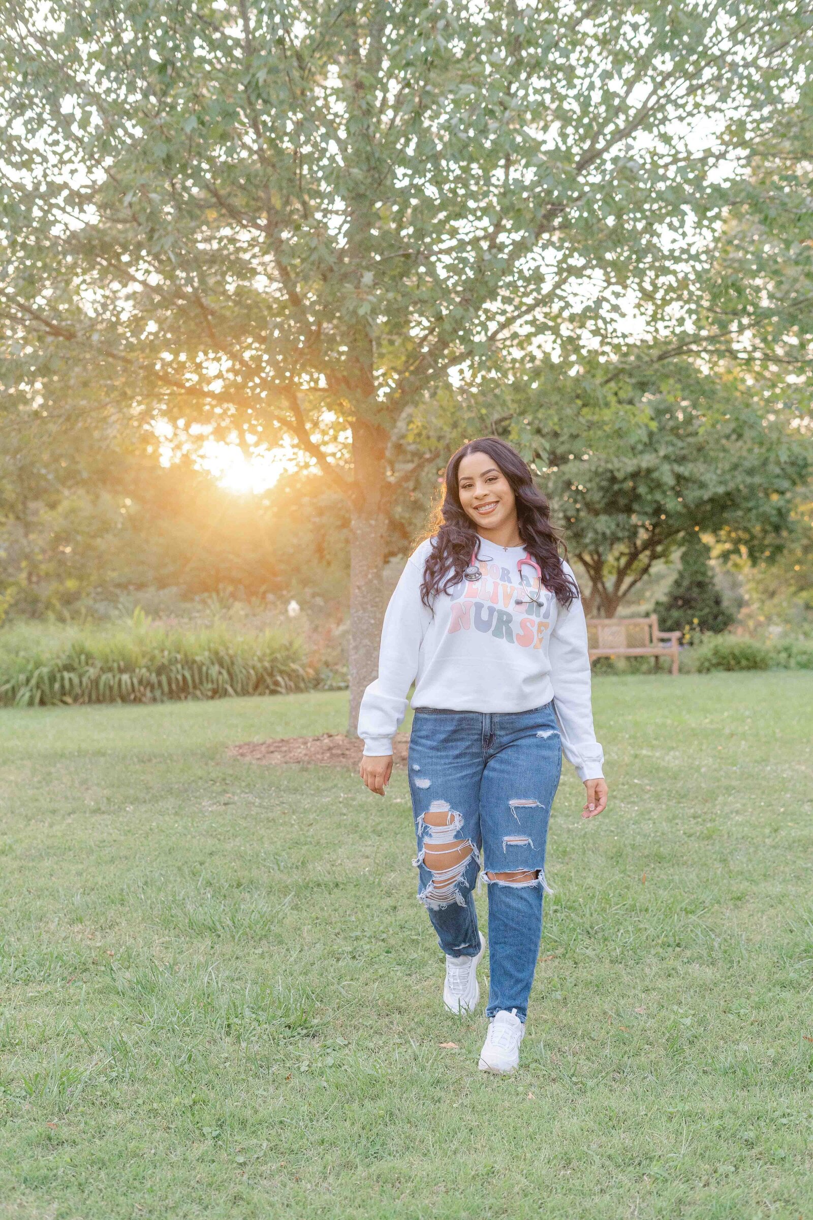 senior walking during sunset in Fairfax, VA