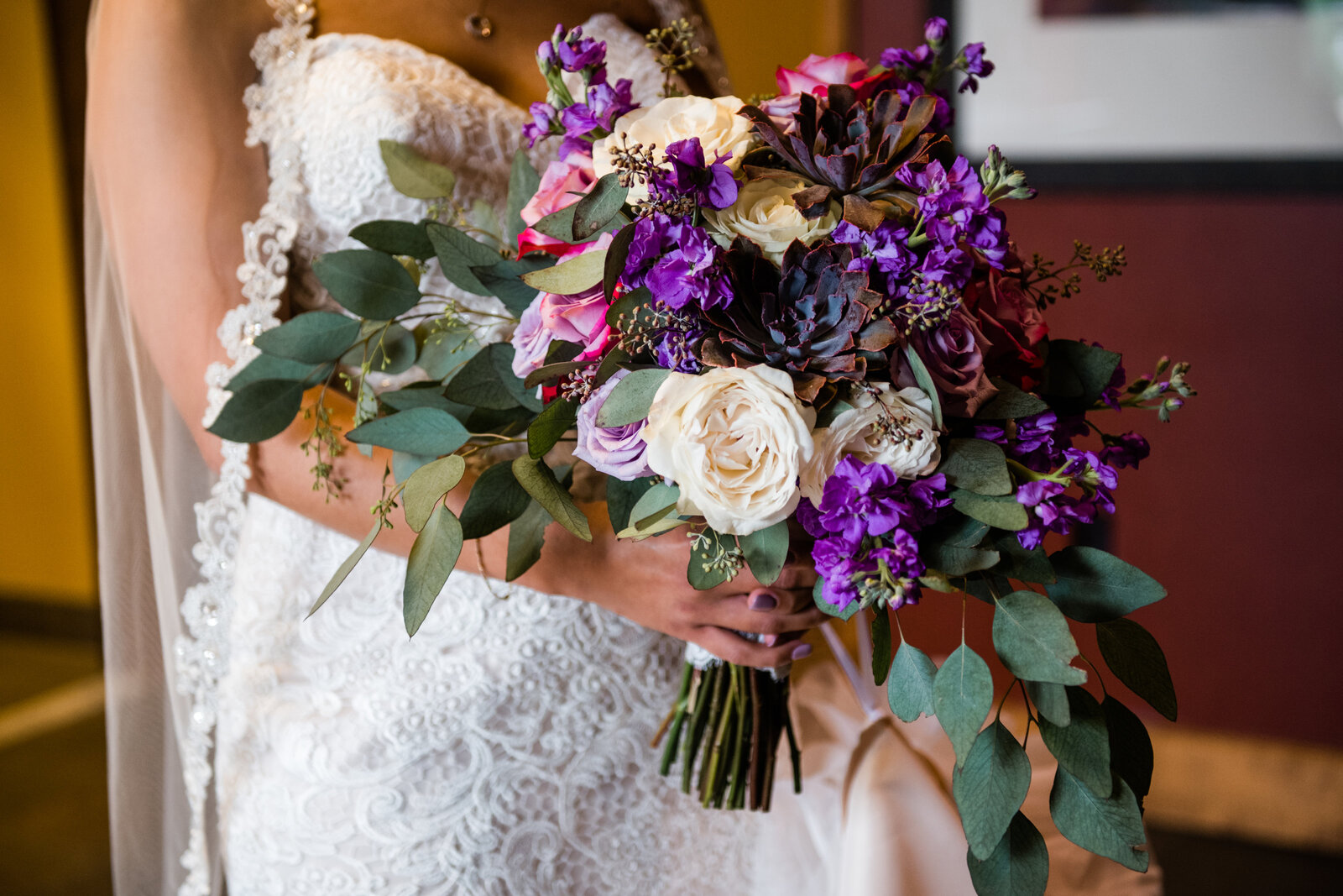 purple bridal bouquet with succulents wedding florist in allentown