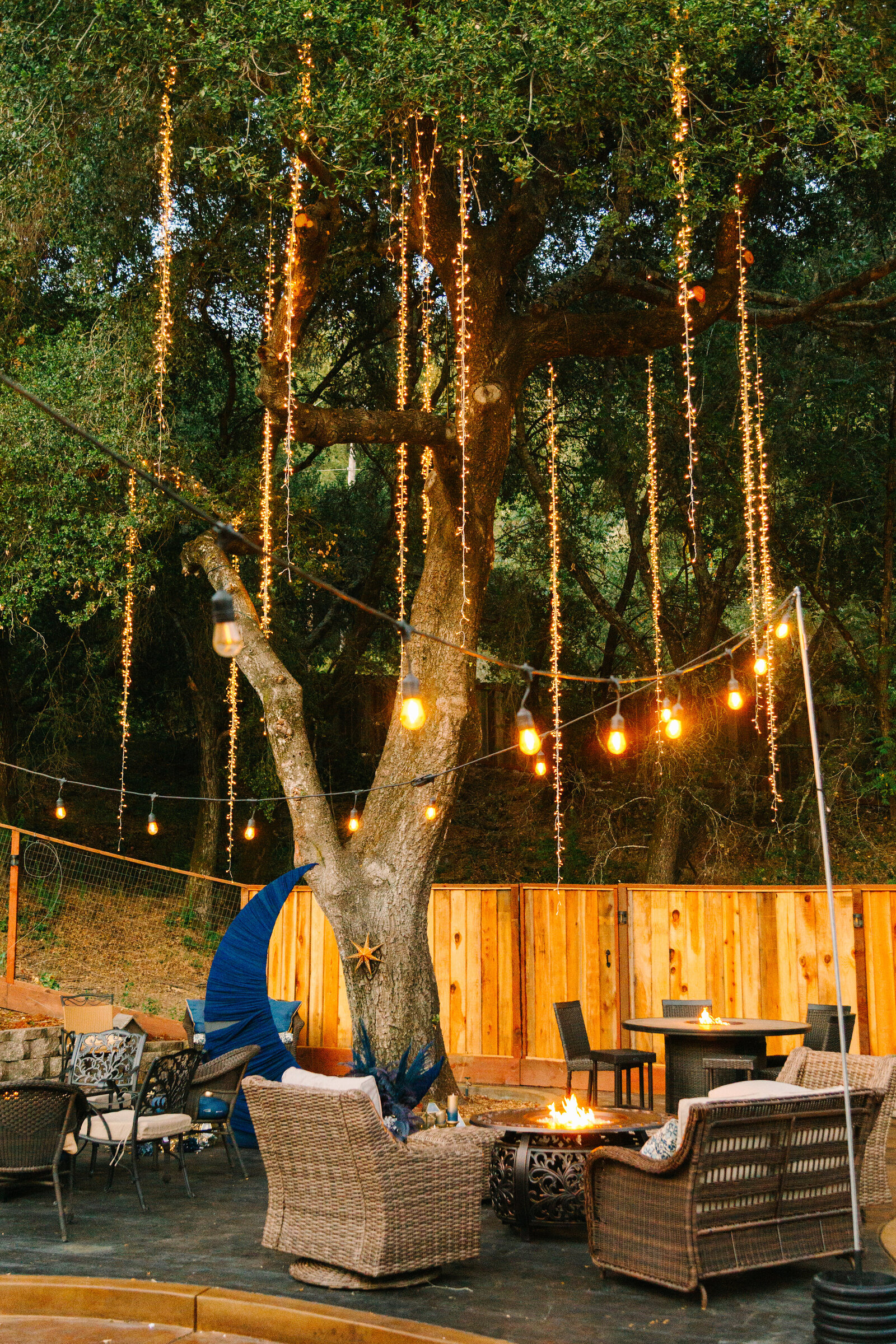 Colorful wedding decor and string lights at the reception.