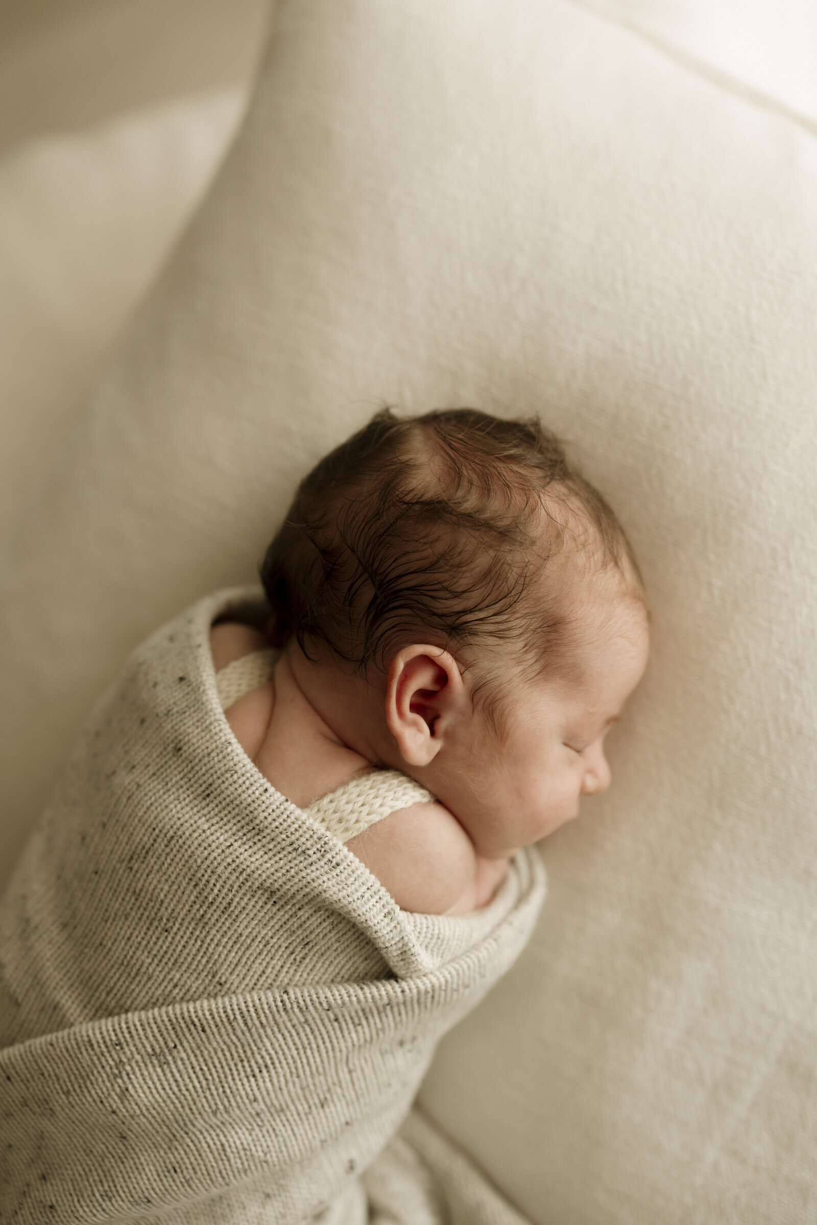 Best newborn family photographer in Perth capturing a tender moment between parents and their newborn in a cozy studio setting.