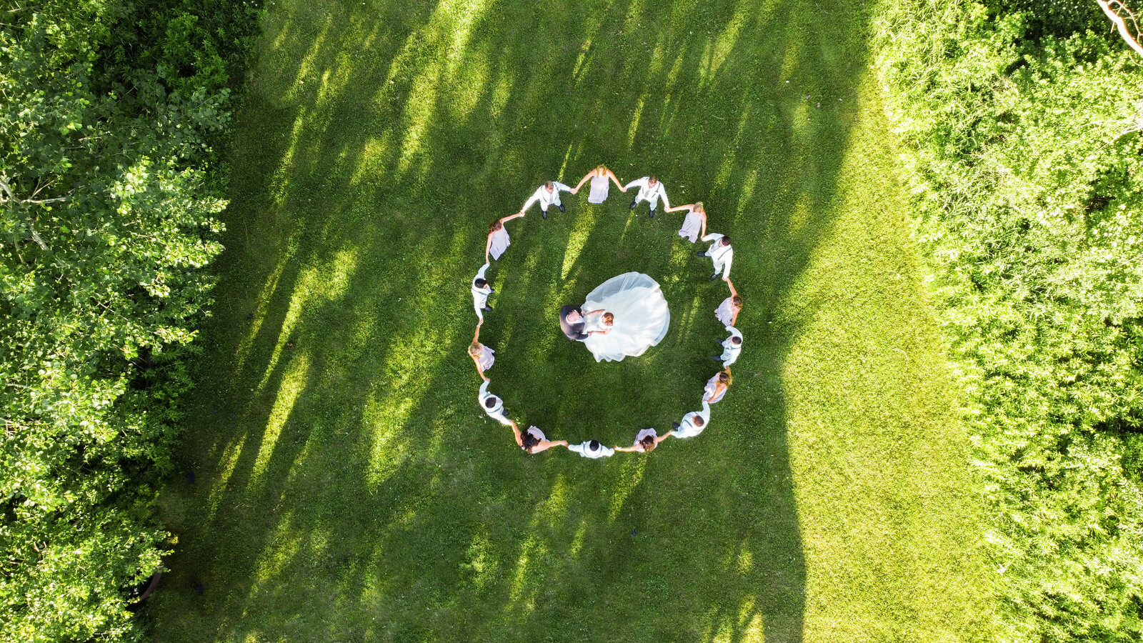 Wedding party photo shot with a drone.