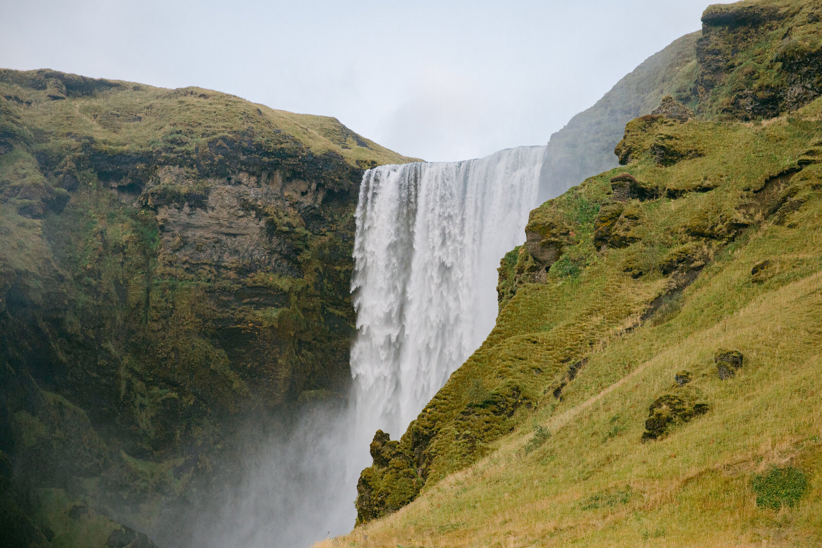 waterfall in iceland with greenery and black rocks