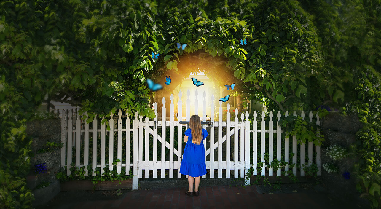 secret-garden-blue-butterflies-picket-fence-imagination-children-photographer-book