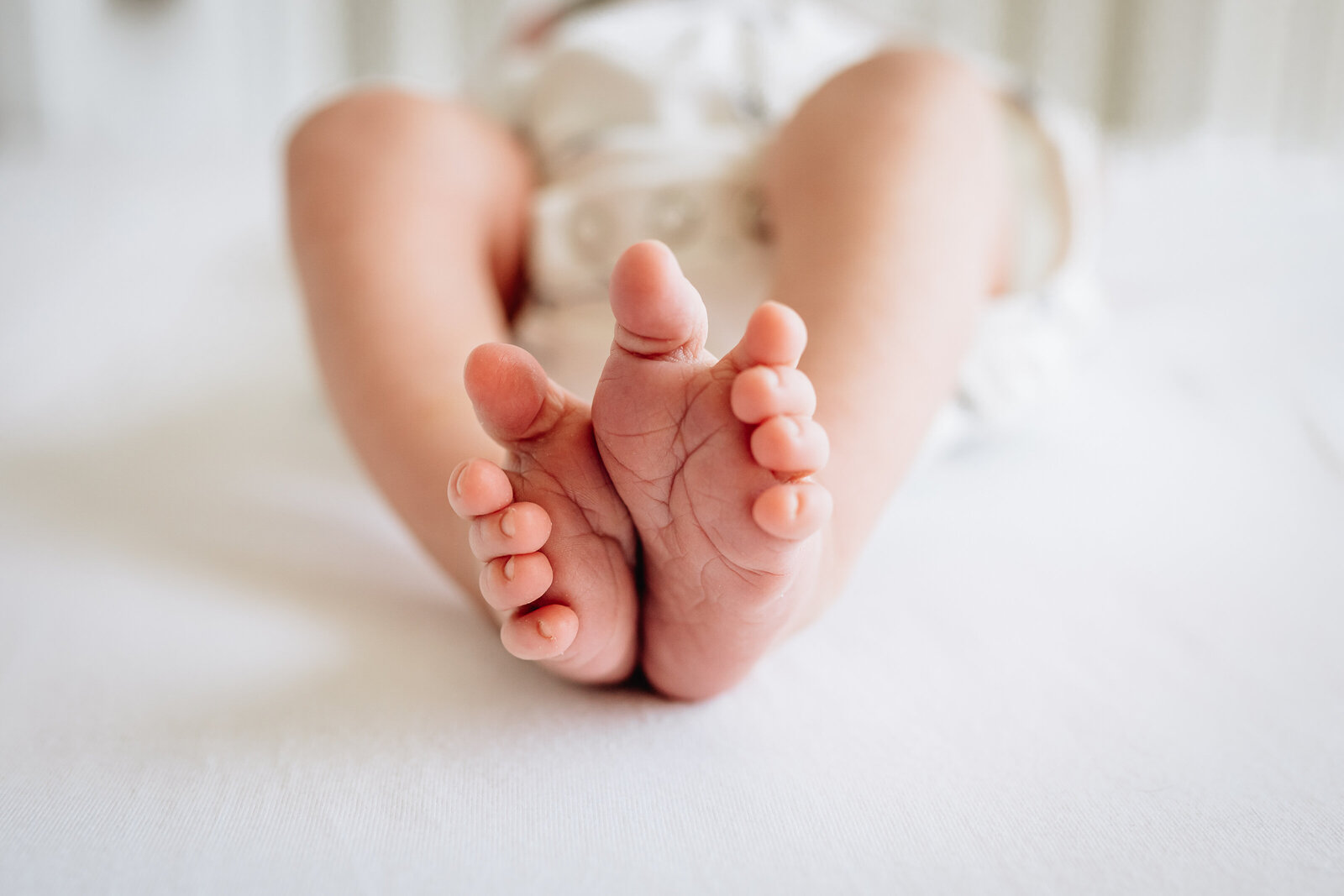 A detailed shot of a newborn baby's tiny feet, resting on a soft surface.