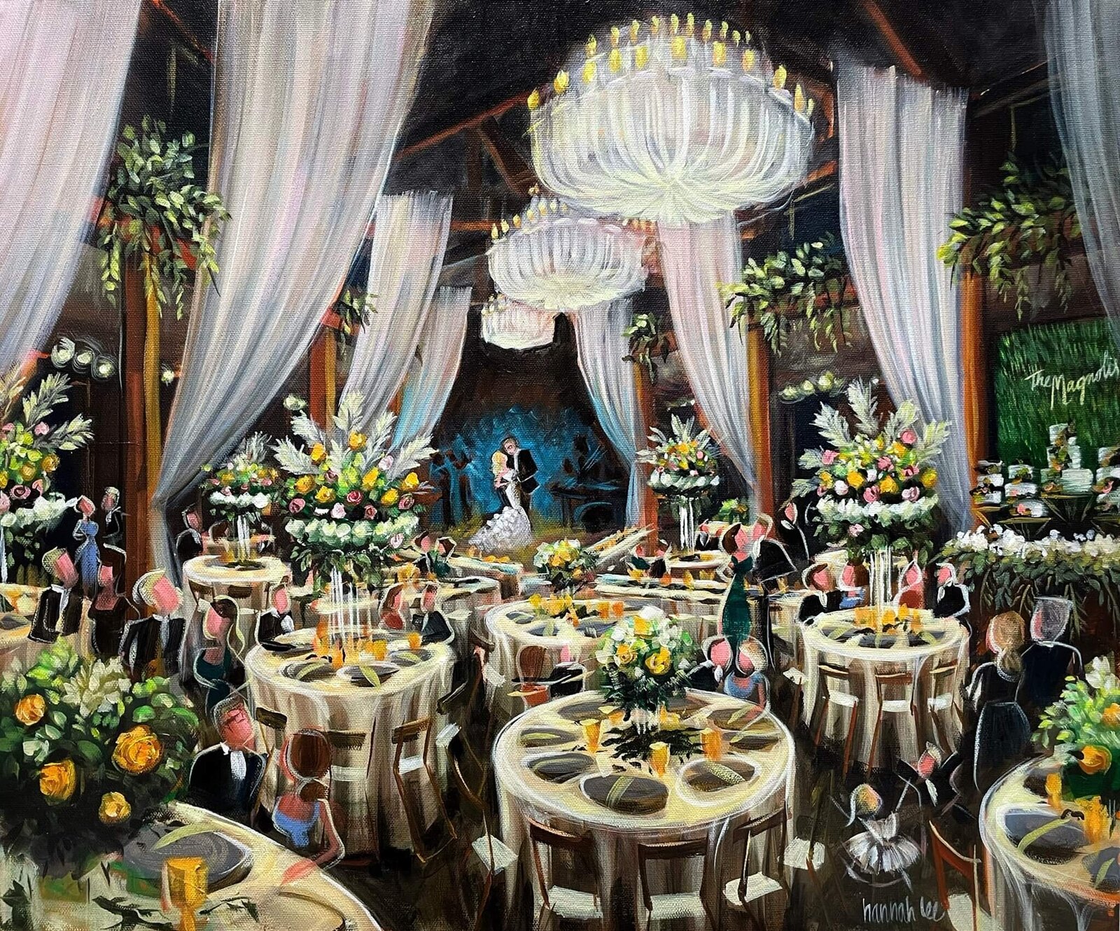 Live Wedding Painting of drapped Reception at Peach Creek Ranch TX wedding venue - Magnolis