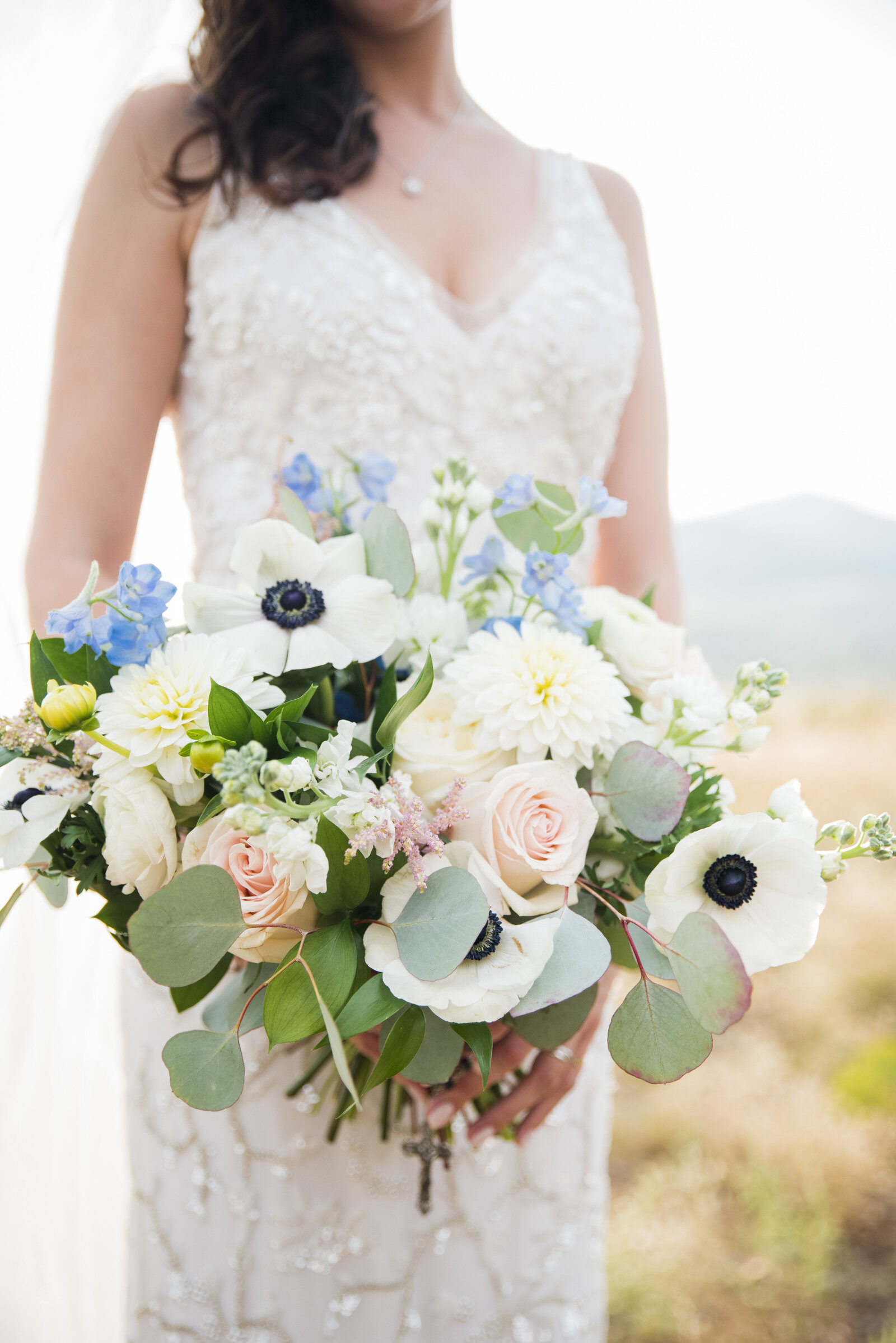 A close up shot of a bride's springtime wedding bouquet.