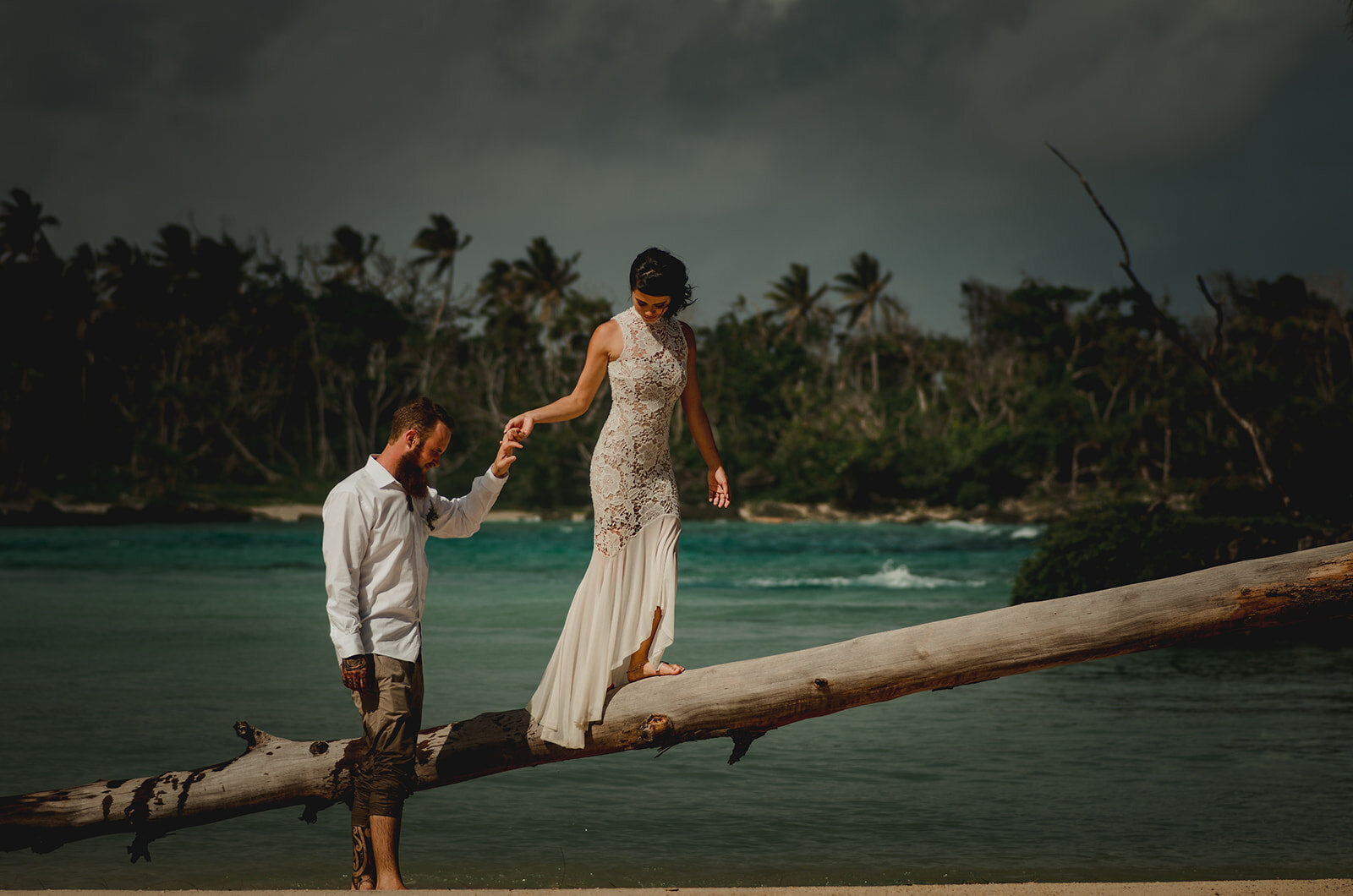 couple portrait on the beach after their wedding ceremony in vanuatu