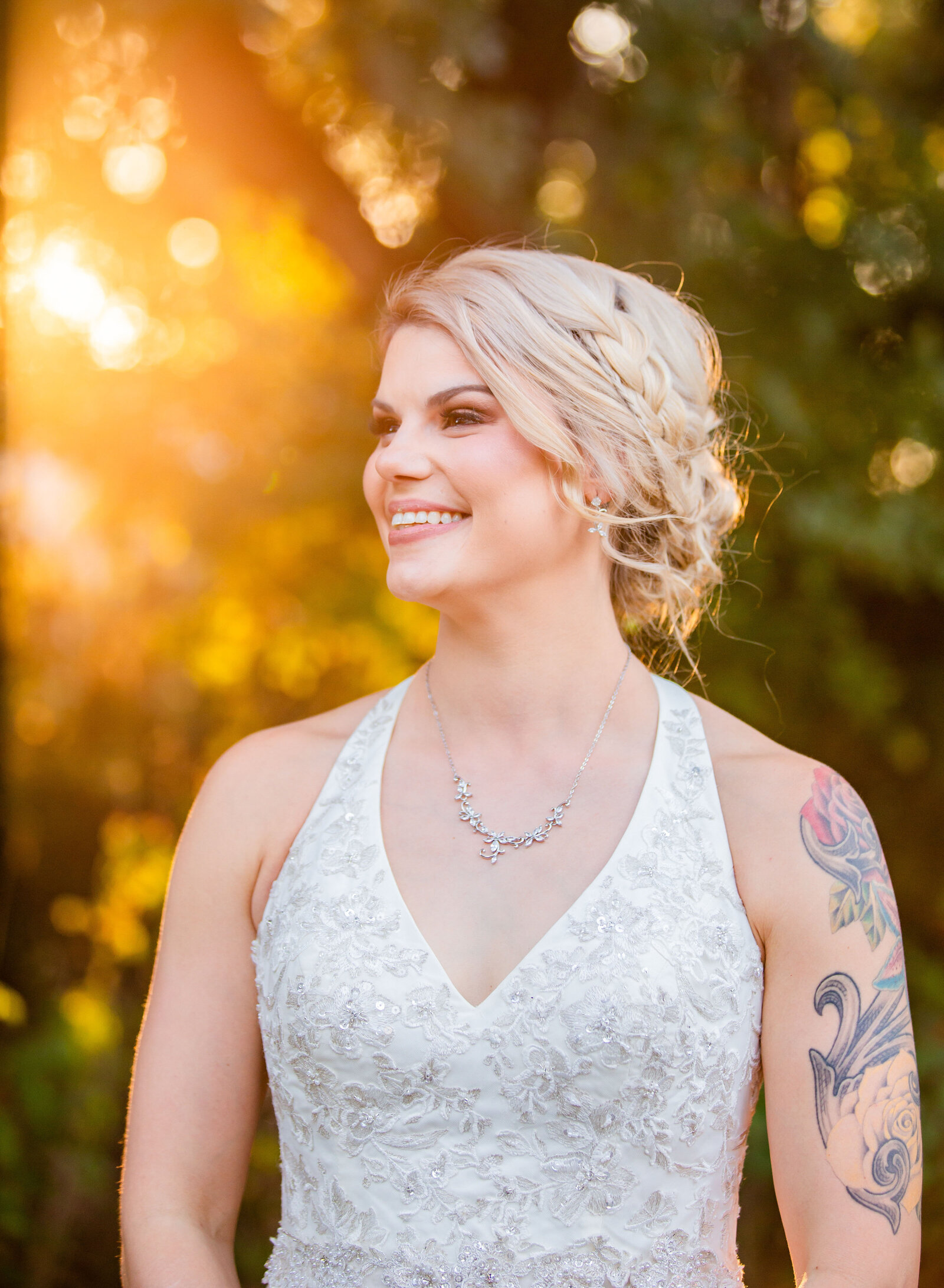 bride smiling in sunset light