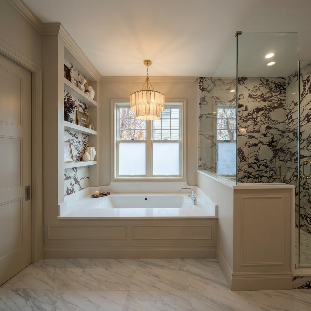 Renovated primary bathroom with a marble-clad arch, freestanding tub and warm wood vanity by Bucklin Design Co.