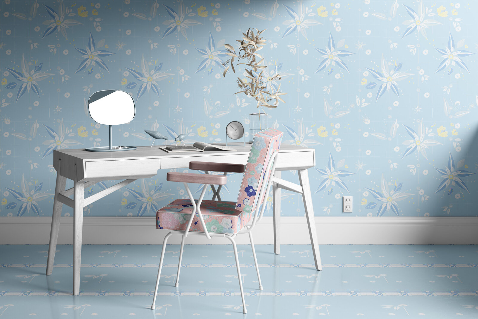 Desk in front of blue and white patterned wallpapered wall
