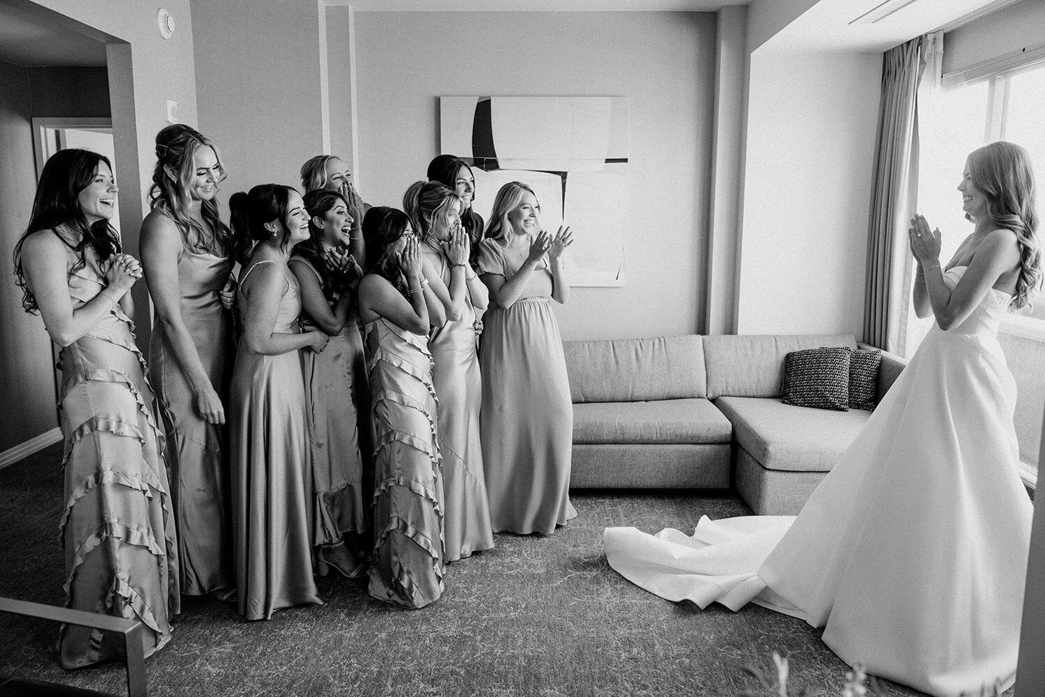 Wedding party first look of the bride