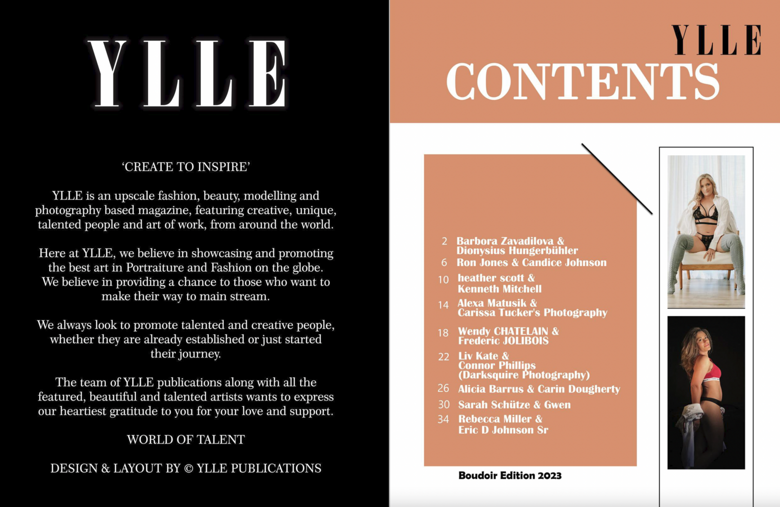 YLLE magazine table of contents listing work by Carin Rene Photo