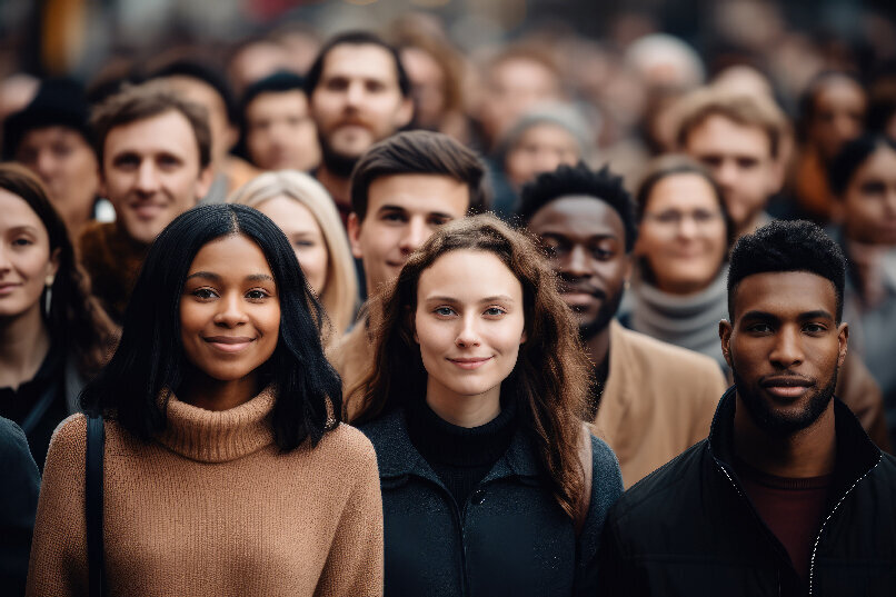 This photo shows a group of diverse backgrounds people looking directly at the camera., representing the primary audience of a business