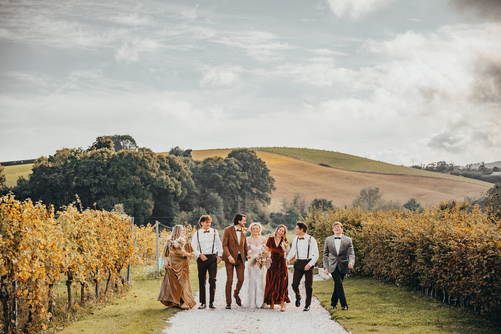 wedding party walk together in vineyard