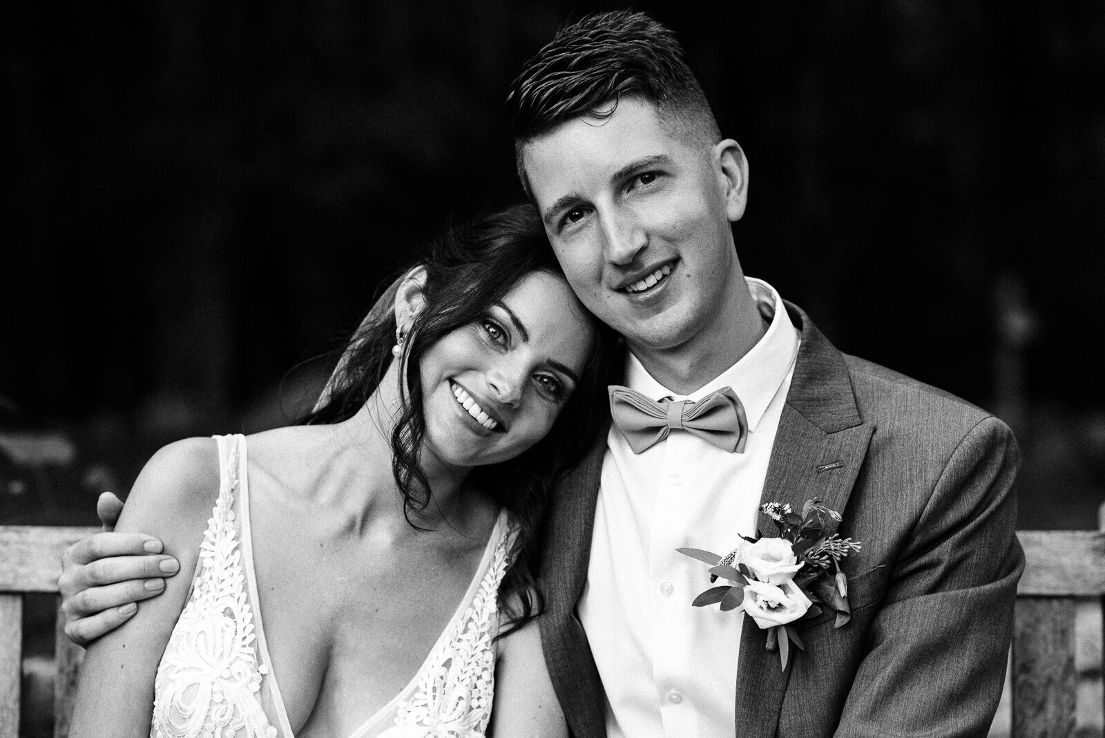 Black and white portrait of bride and groom