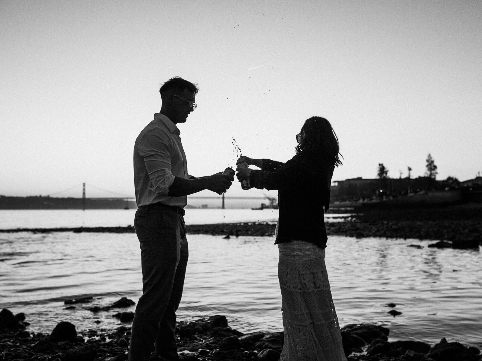 Engagement session couple sunset black and white