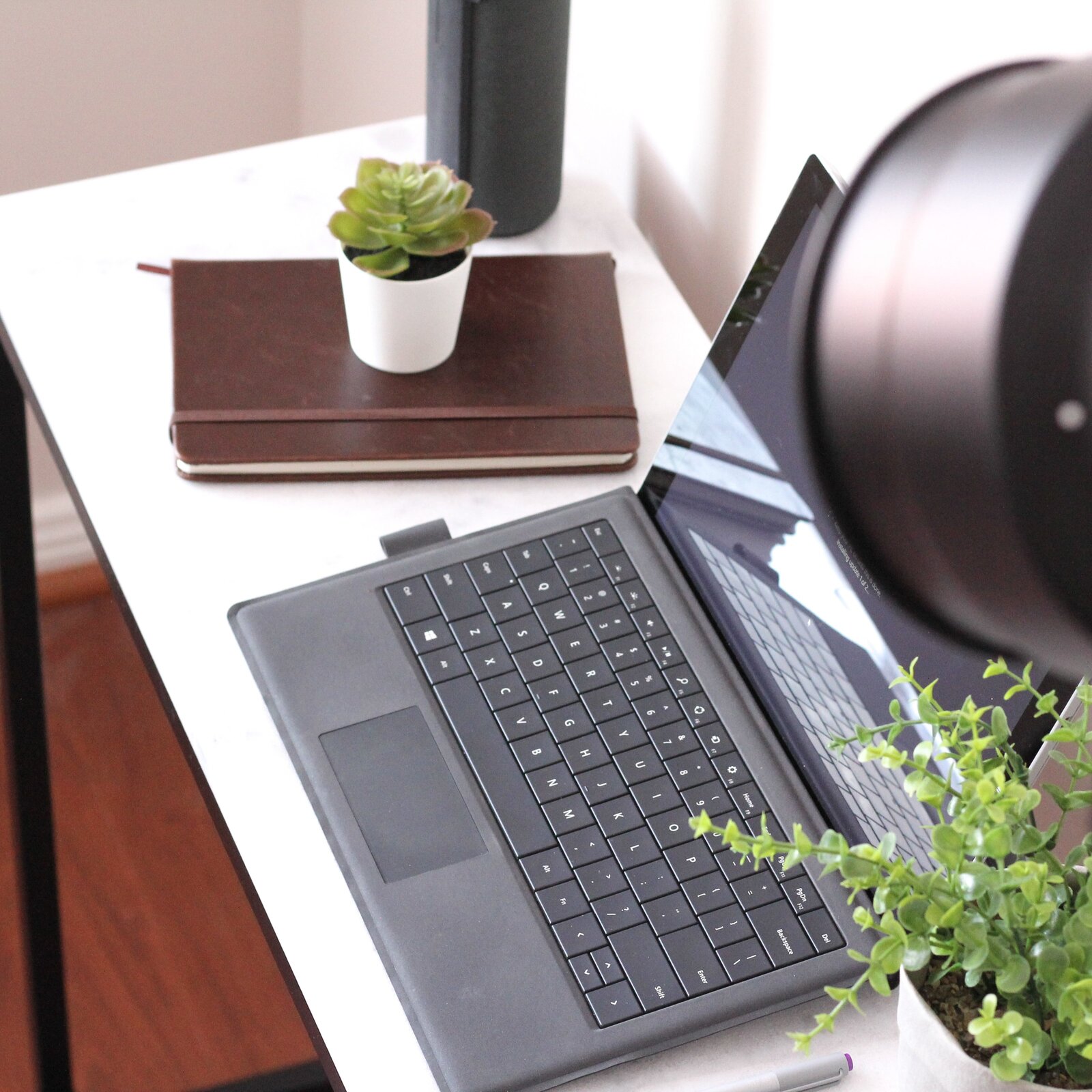 Laptop sits open on top of a desk next to leather notebook and potted plants