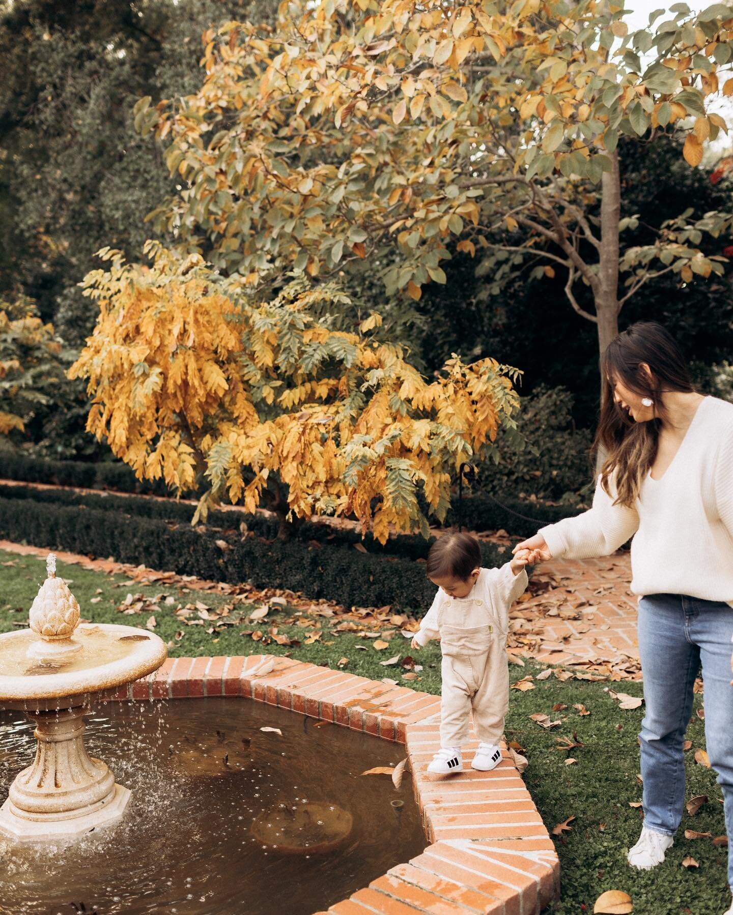 A mother gently holds her toddler's hand, guiding him near a garden fountain surrounded by autumn leaves, under hanging tree branches with yellow foliage.