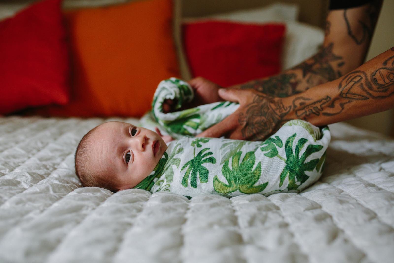newborn baby boy in a monstera leaf swaddle being wrapped by dad's tattooed arms