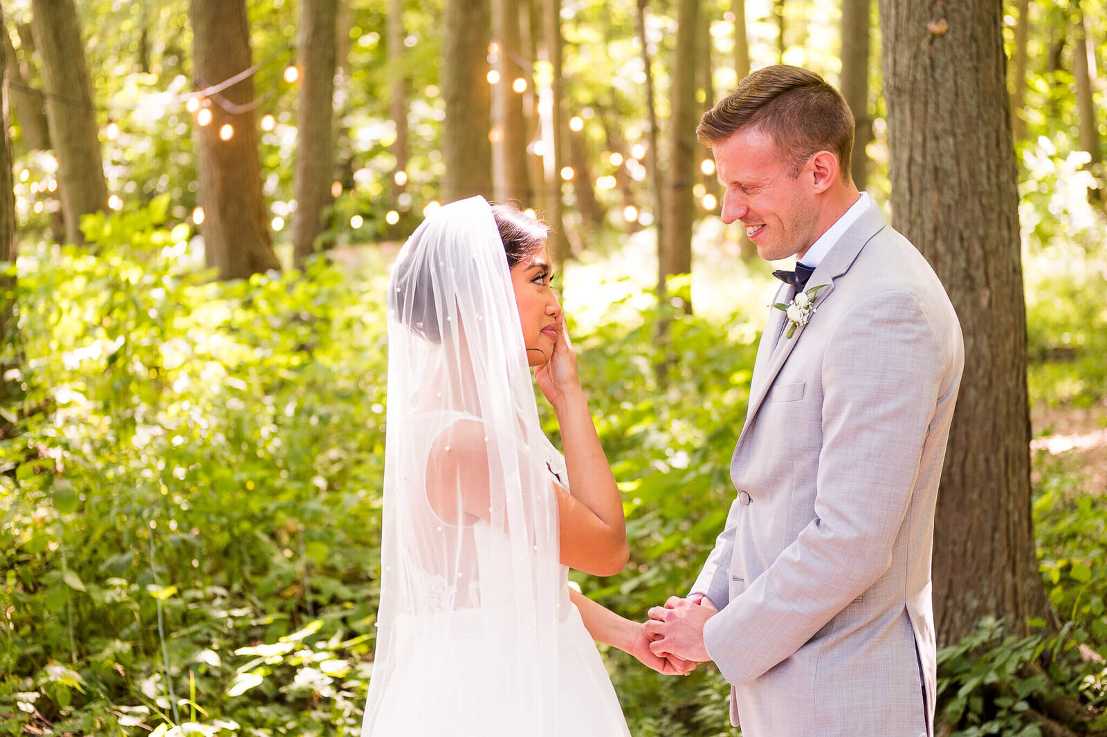 Bride and groom during first look at the Clearing Shedden.