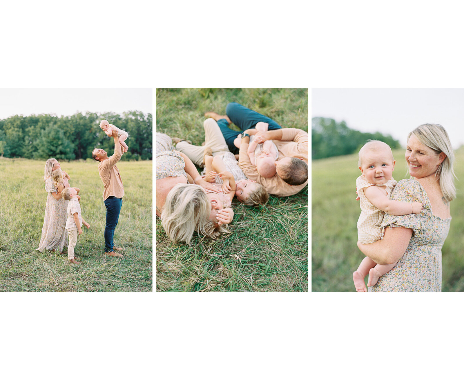 family in high end clothing during summer family session in a grassy field by Madison wi family photographer, Talia Laird Photography