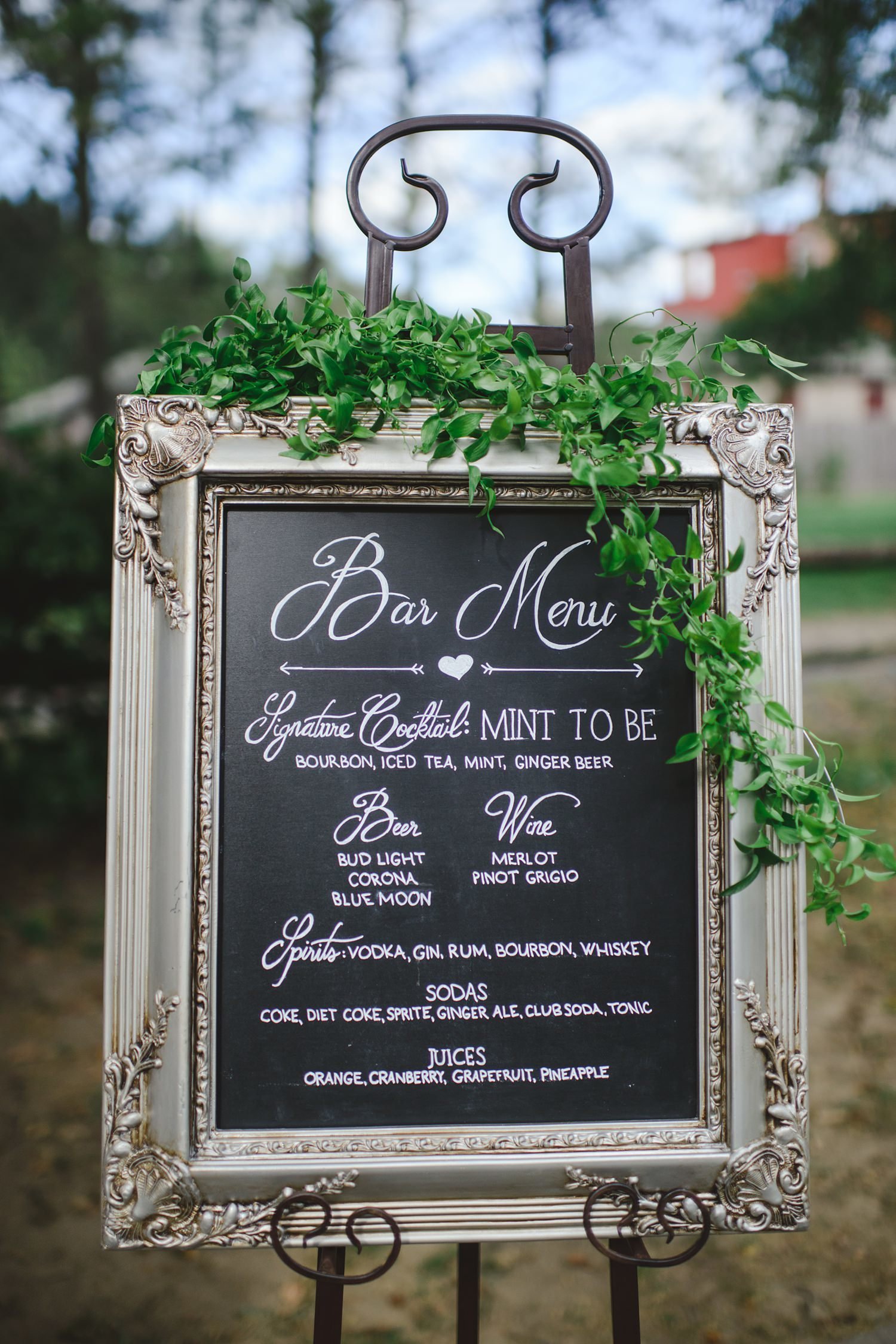 Chalkboard wedding bar menu sign at The Webb Barn in Wethersfield, CT