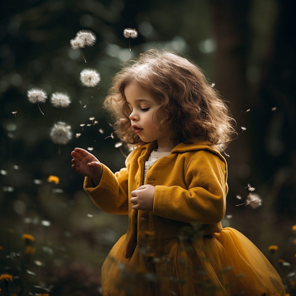 Petite fille en forêt, vêtue d'un manteau et d'un tutu couleur ocre, soufflant sur des pissenlits.