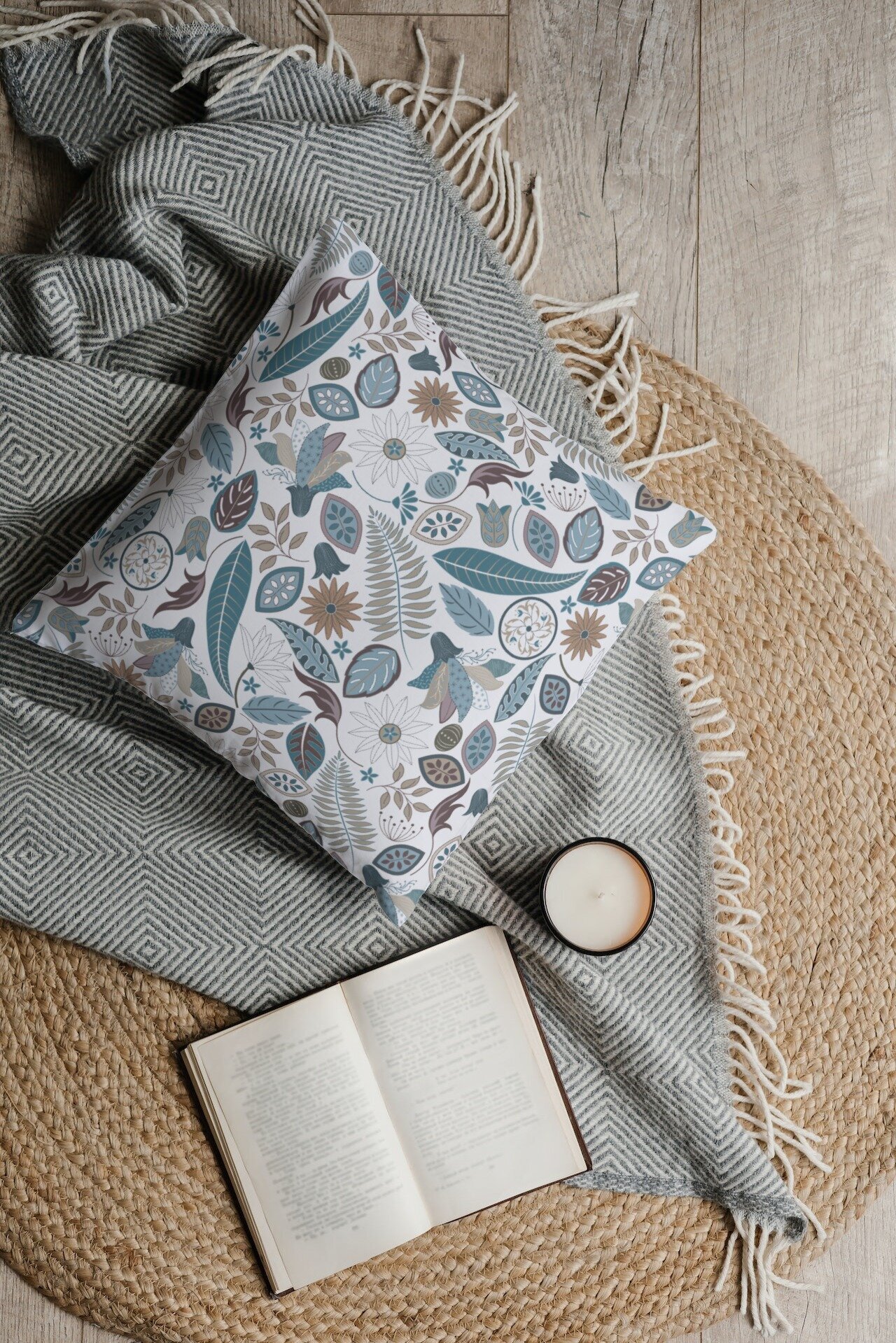 Pillow Cushion Surface Pattern Design Fabric Repeat License Floral Fern Blue