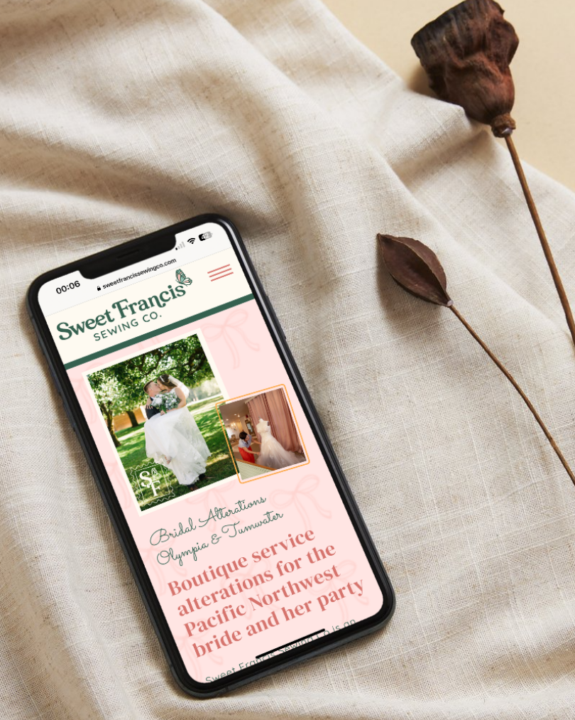 custom Showit website design for Sweet Francis Sewing Co, a bridal alteration in Olympia and Tumwater