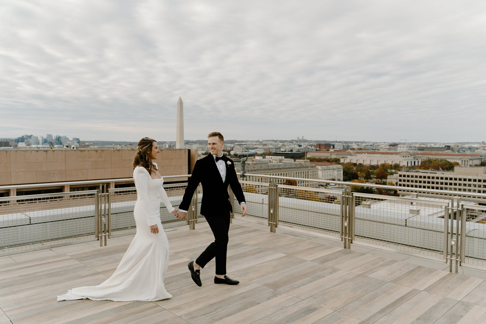 Dreamy Washington D.C rooftop wedding photography with a black and white James Bond style