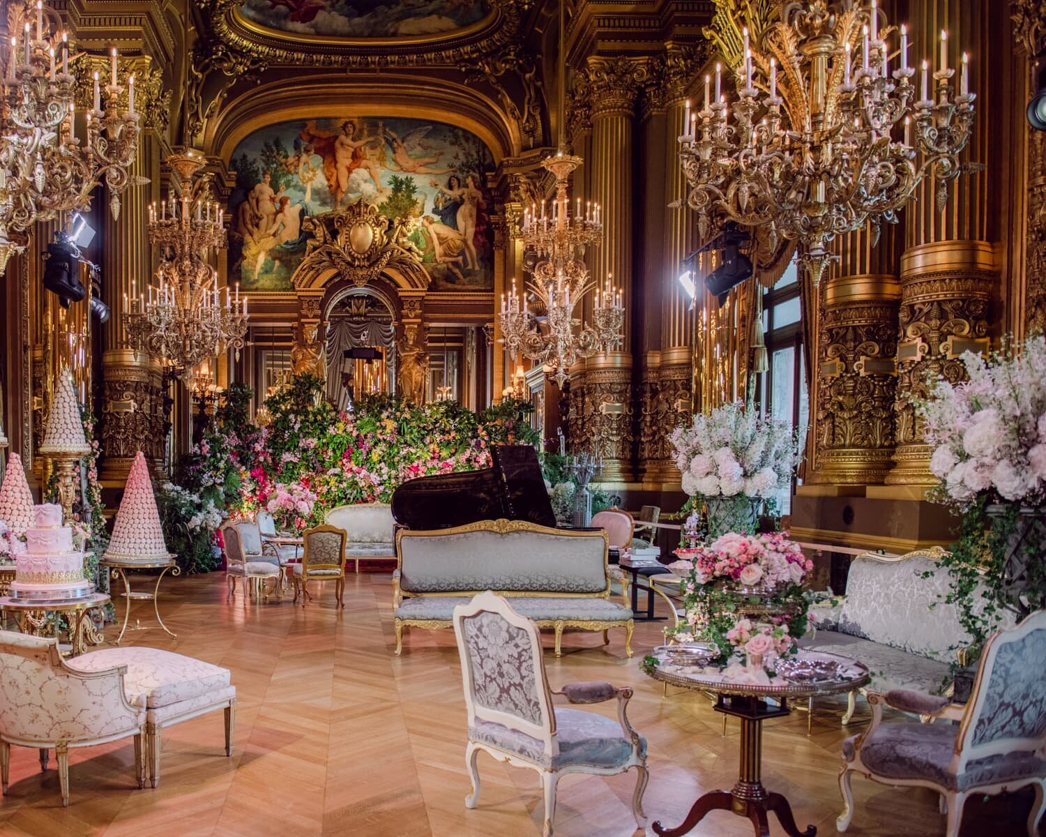 Room in the Palais Garnier decorated with flowers for a wedding