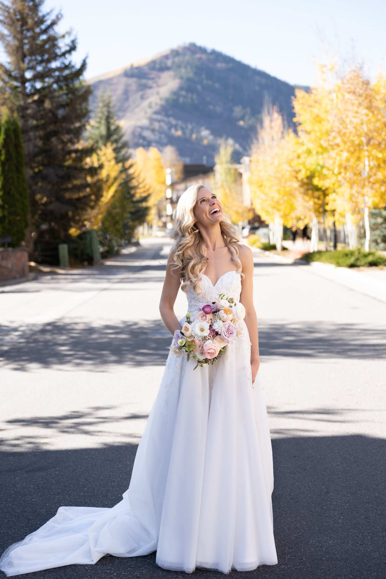 A bride stands in front of a mountaintop.