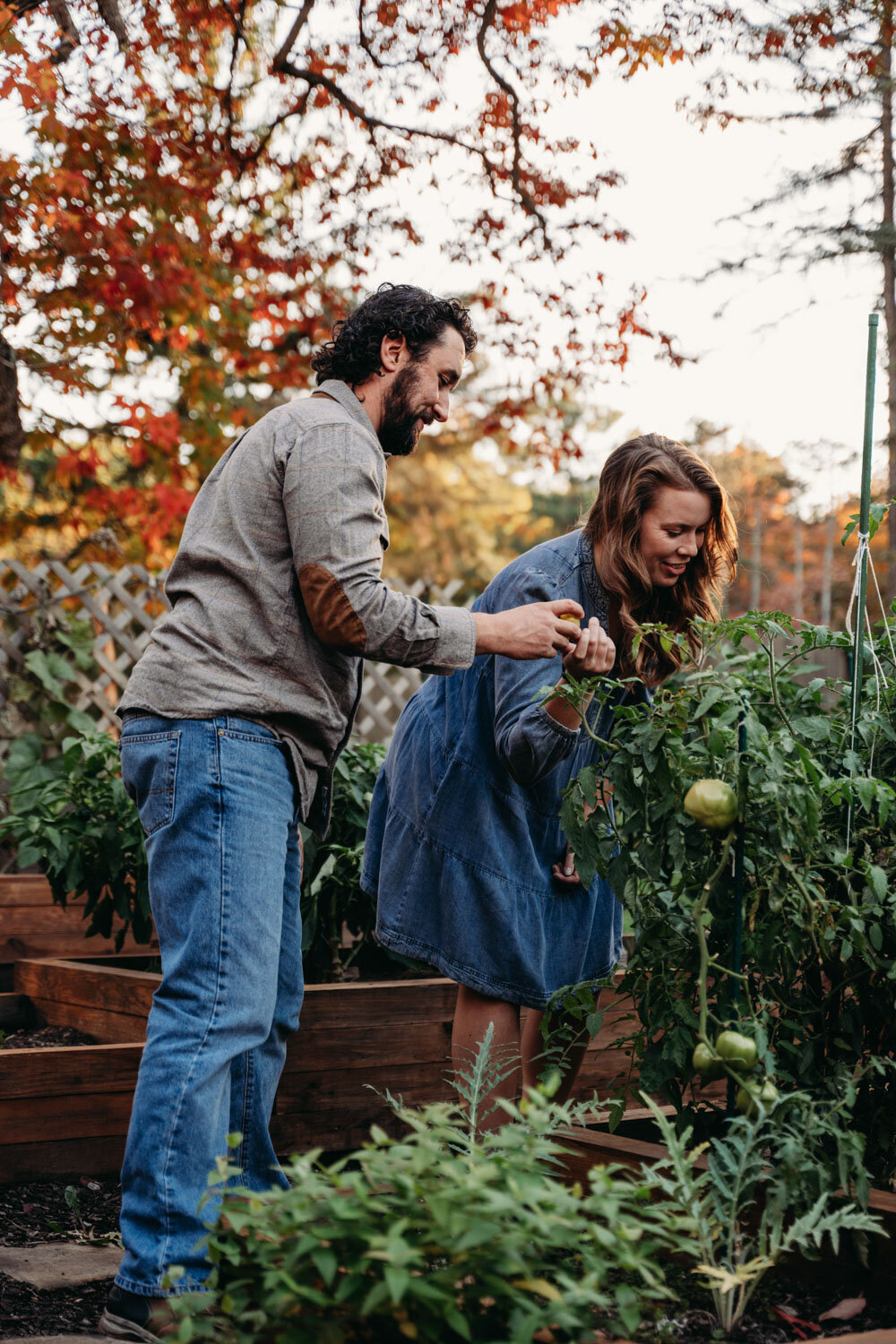 A unique and fun engagement session - couple picks tomatoes and relaxes at home