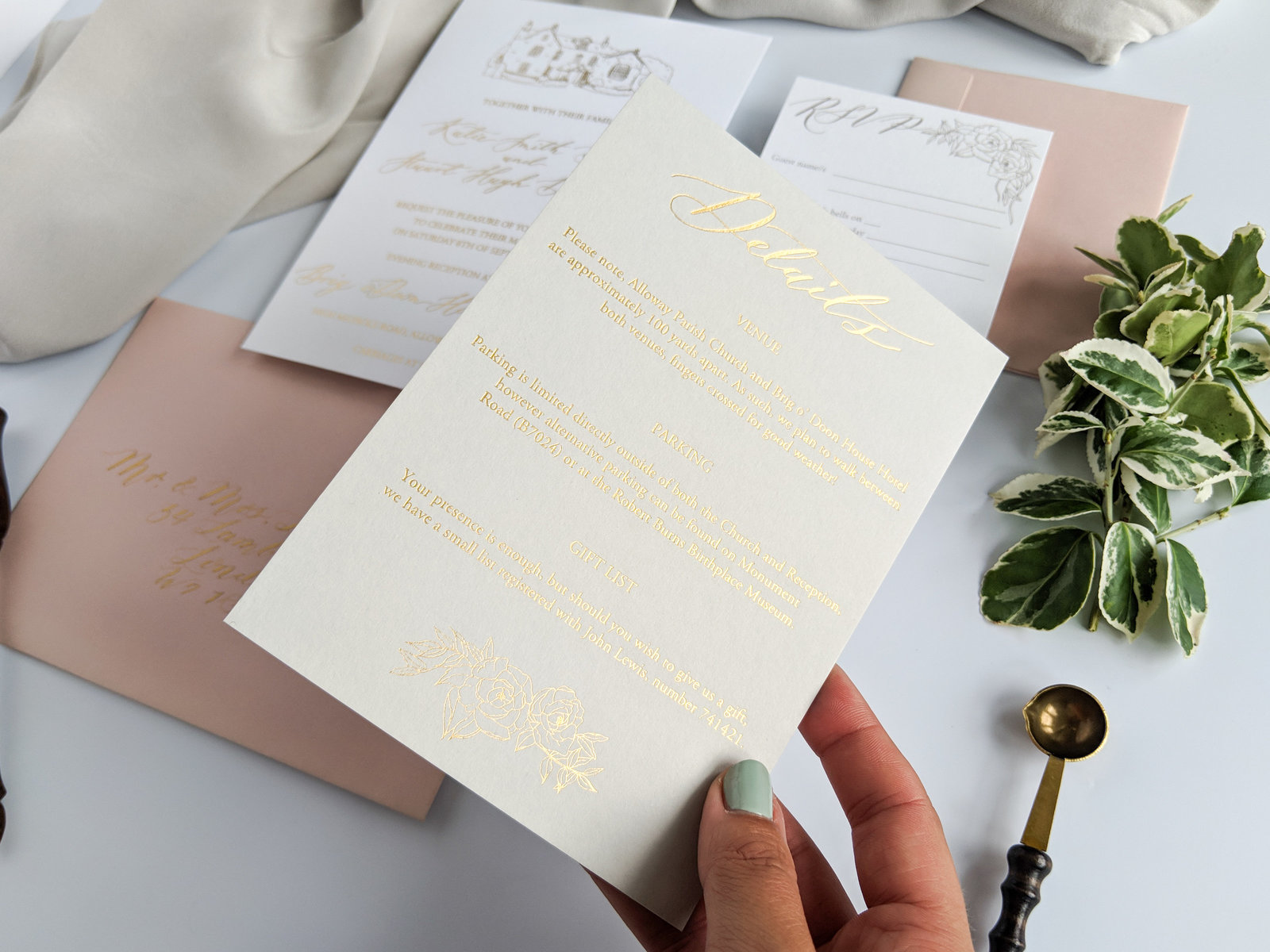 Gold, grey and blush wedding invitations