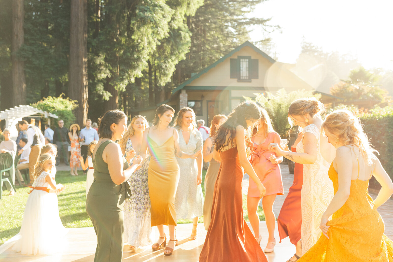 Colorful wedding reception in Santa Cruz, California in the redwood trees.