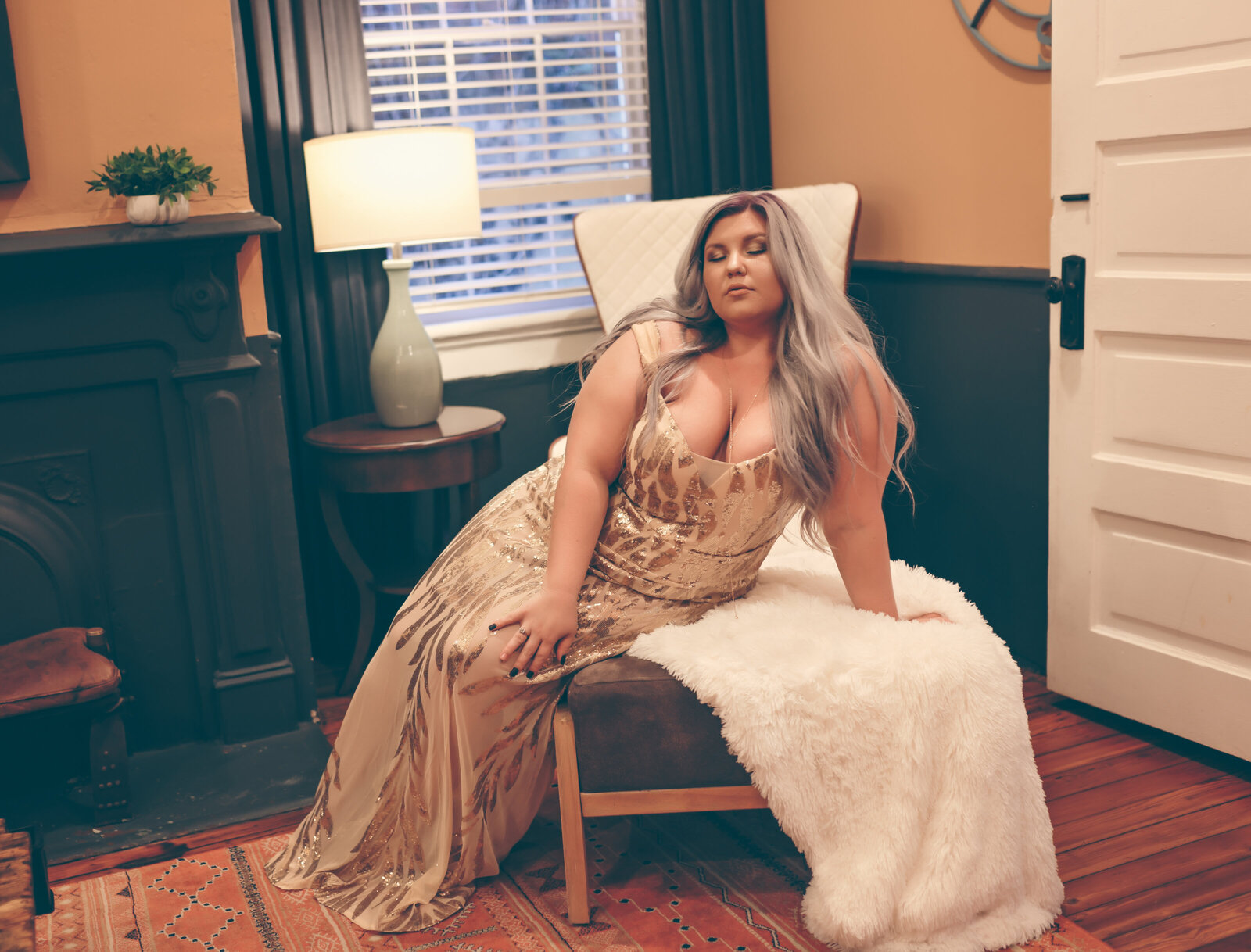Savannah Boudoir Photography and Glamour showcases gorgeous plus sized blond woman in gold designer glamour gown
