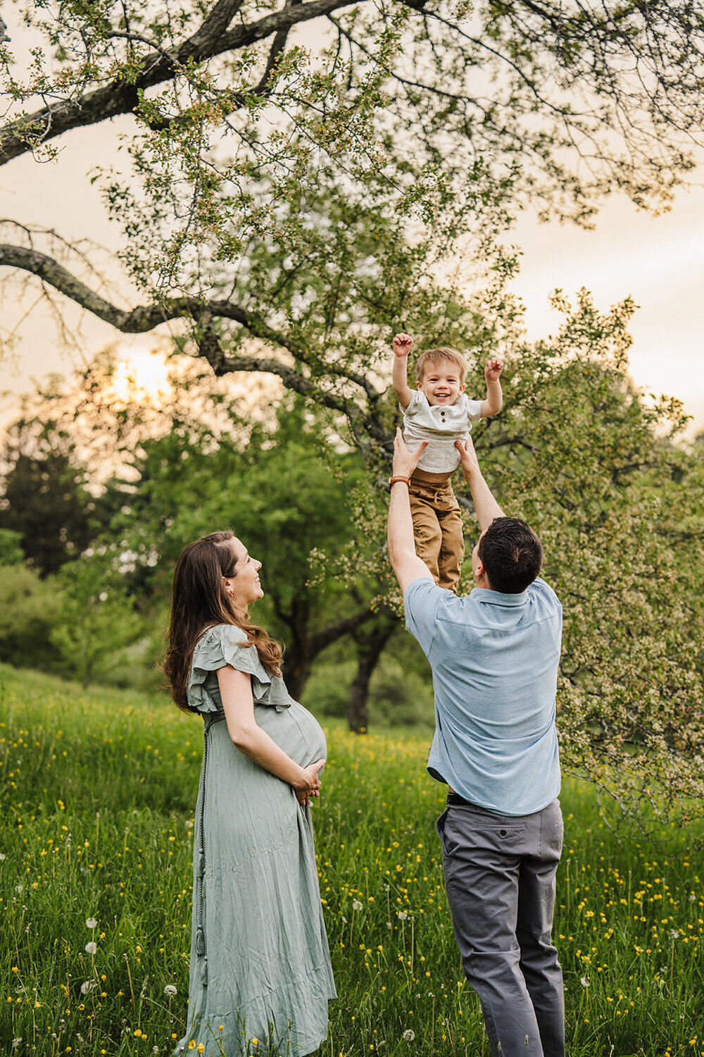 dad flies toddler boy in air while pregnant mom watches for outdoor maternity pictures