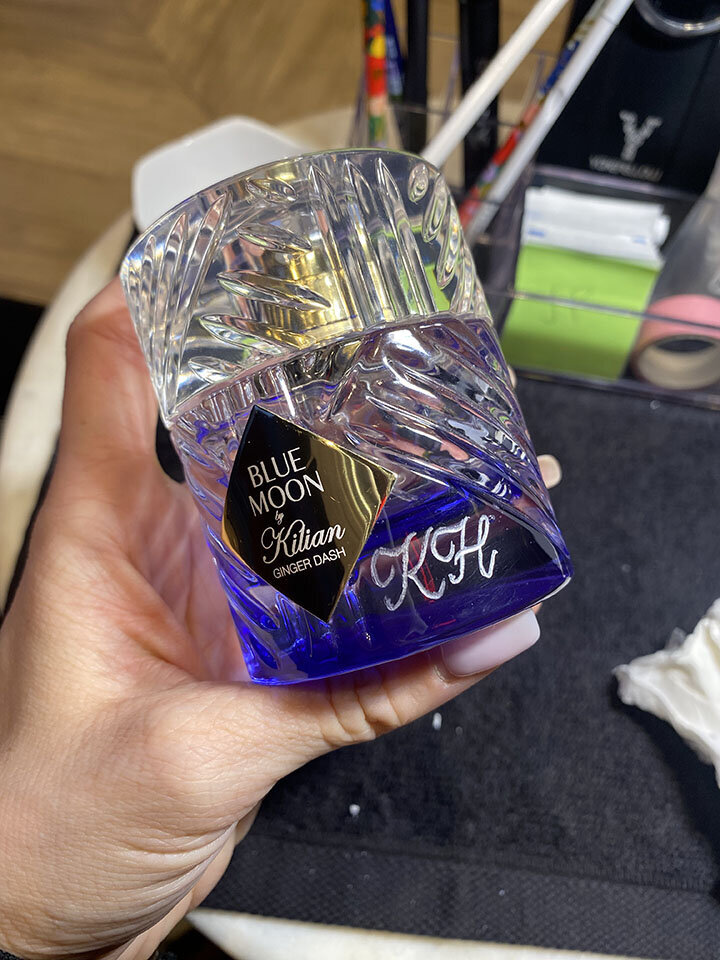 Blue Moon Glass Engraving with Initials in Calligraphy