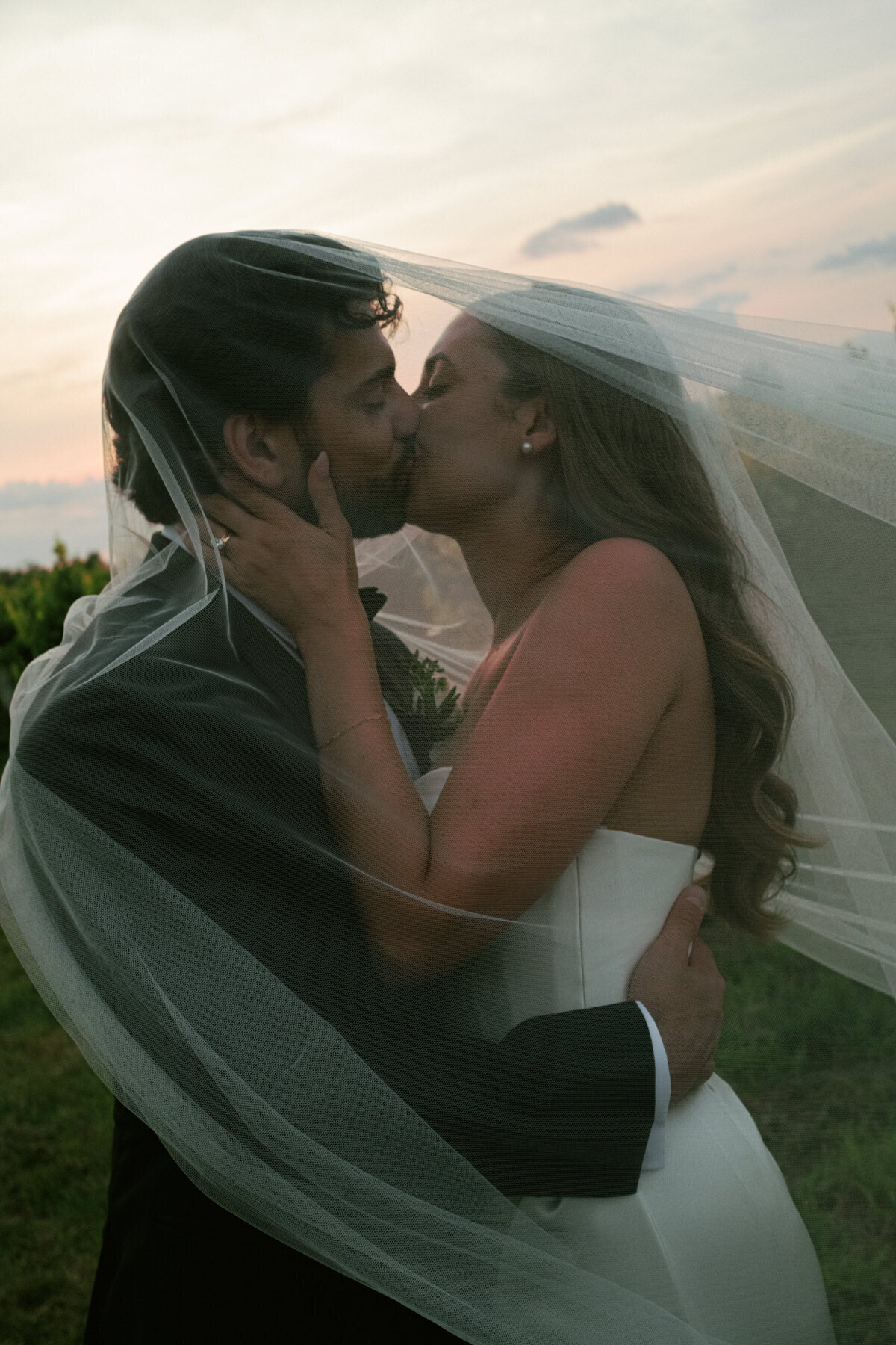 Bride & Groom Kissing At Sunset in Vineyard of Kurtz Orchards