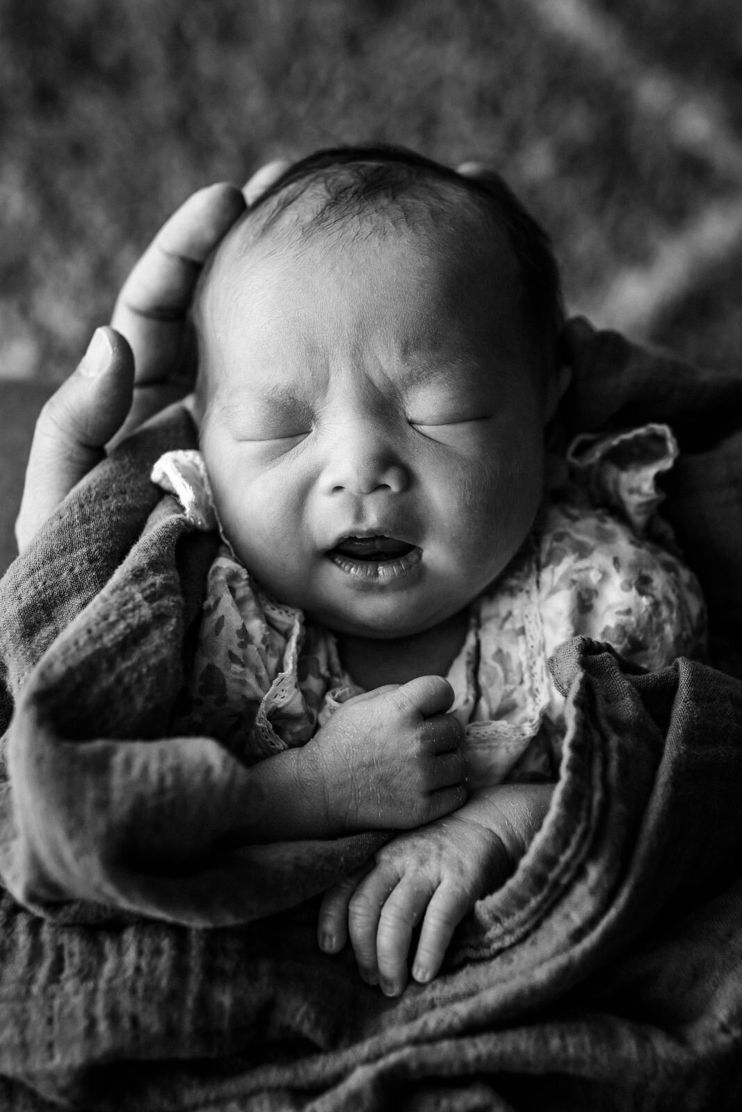 swaddled newborn in dad's hands sleeping with mouth slightly open