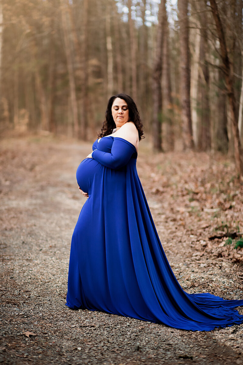 expecting mother royal blue gown charlotte newborn photographer mcdowell nature preserve